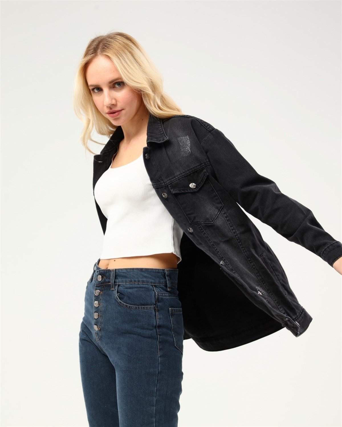 Yırtıklı Boy Friend Siyah Bayan kot Ceket 43532