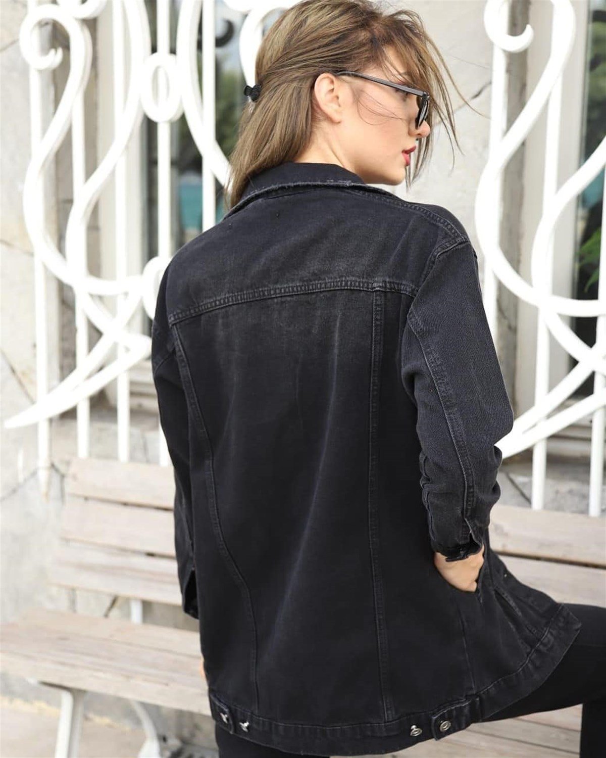 Yırtıklı Boy Friend Siyah Bayan kot Ceket6575