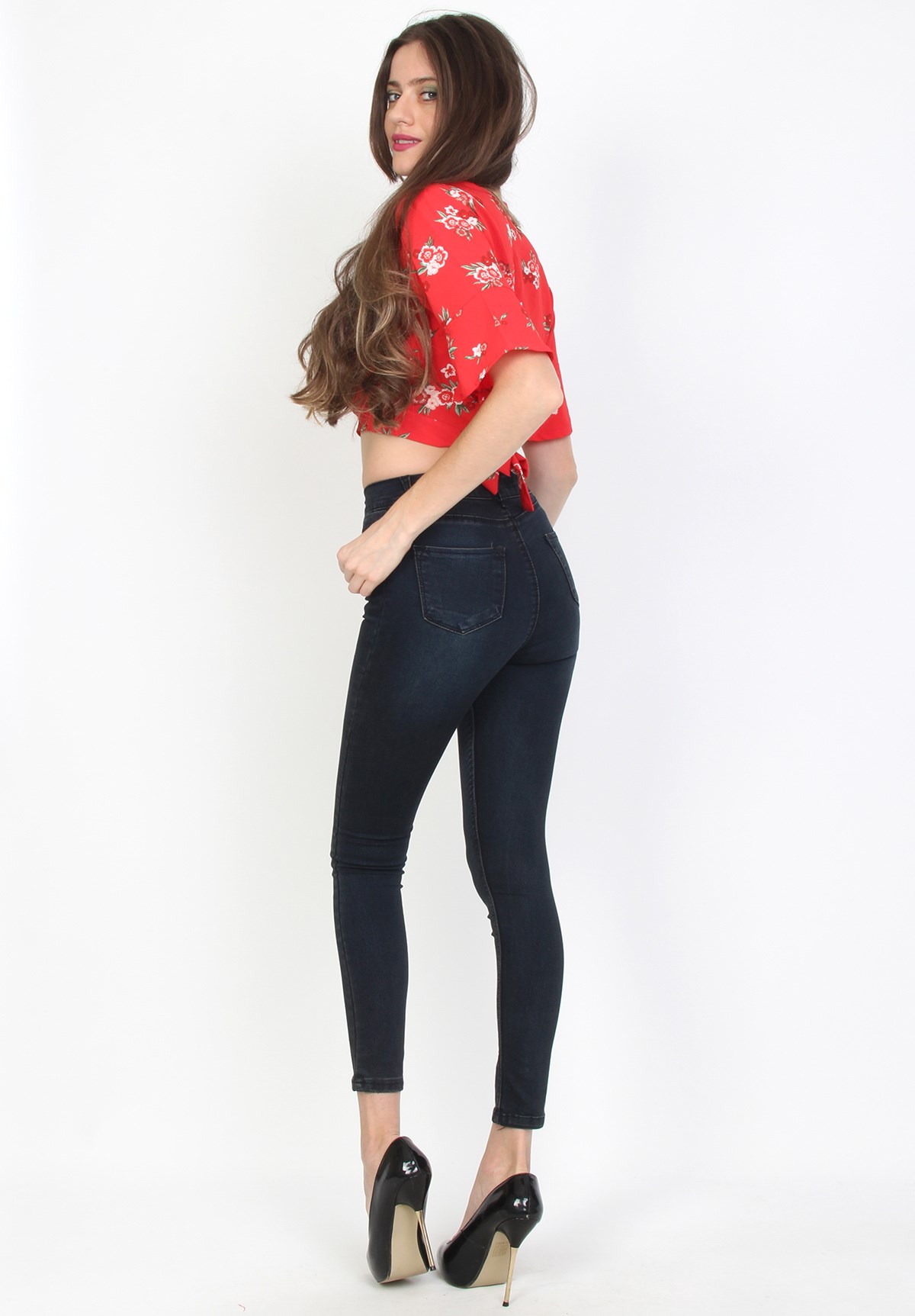 Yüksek Bel Lacivert Eskitme Renk Kadın Kot Pantolon