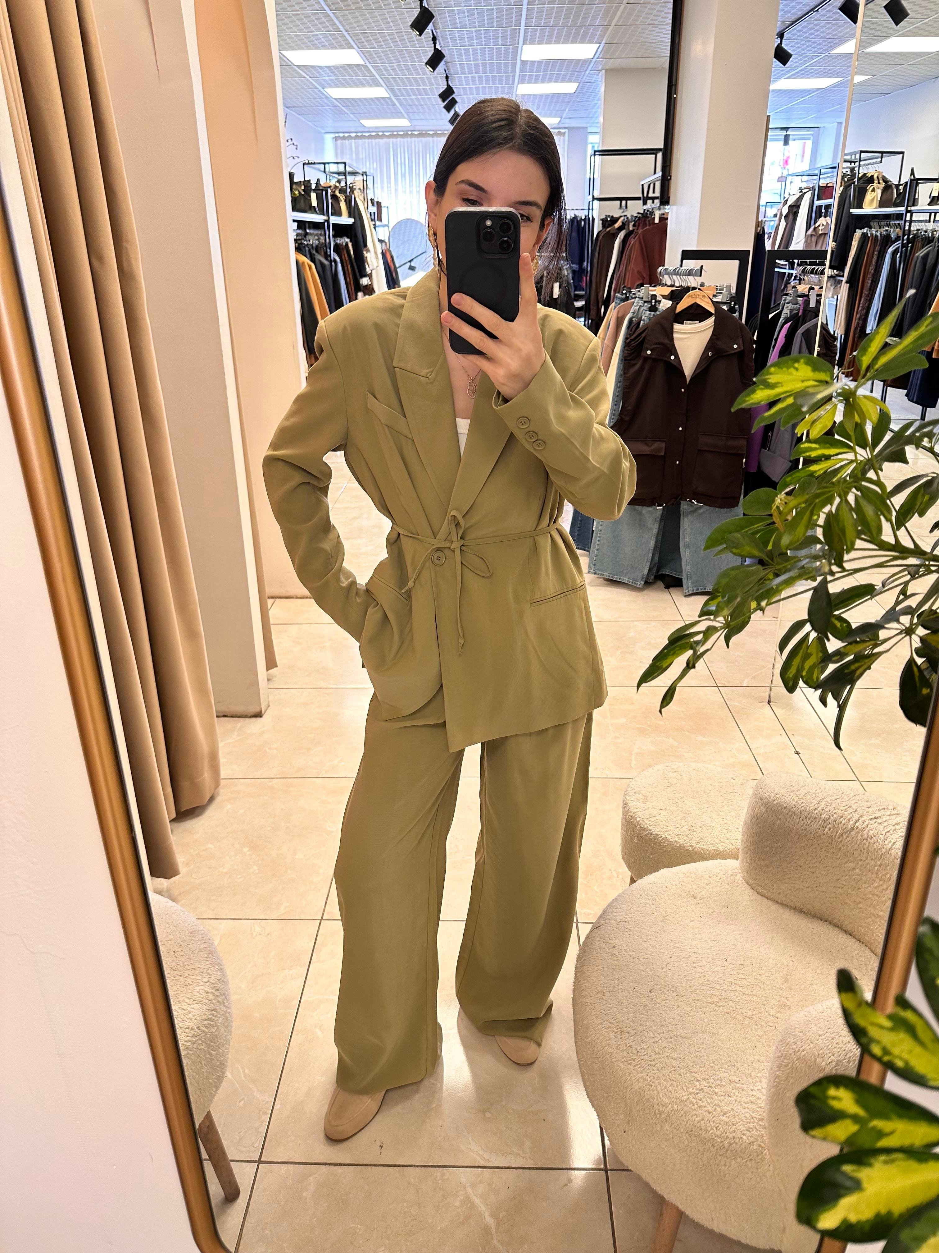  Bağlama Detaylı  Haki  Blazer Ceket Pantolon  Takım  