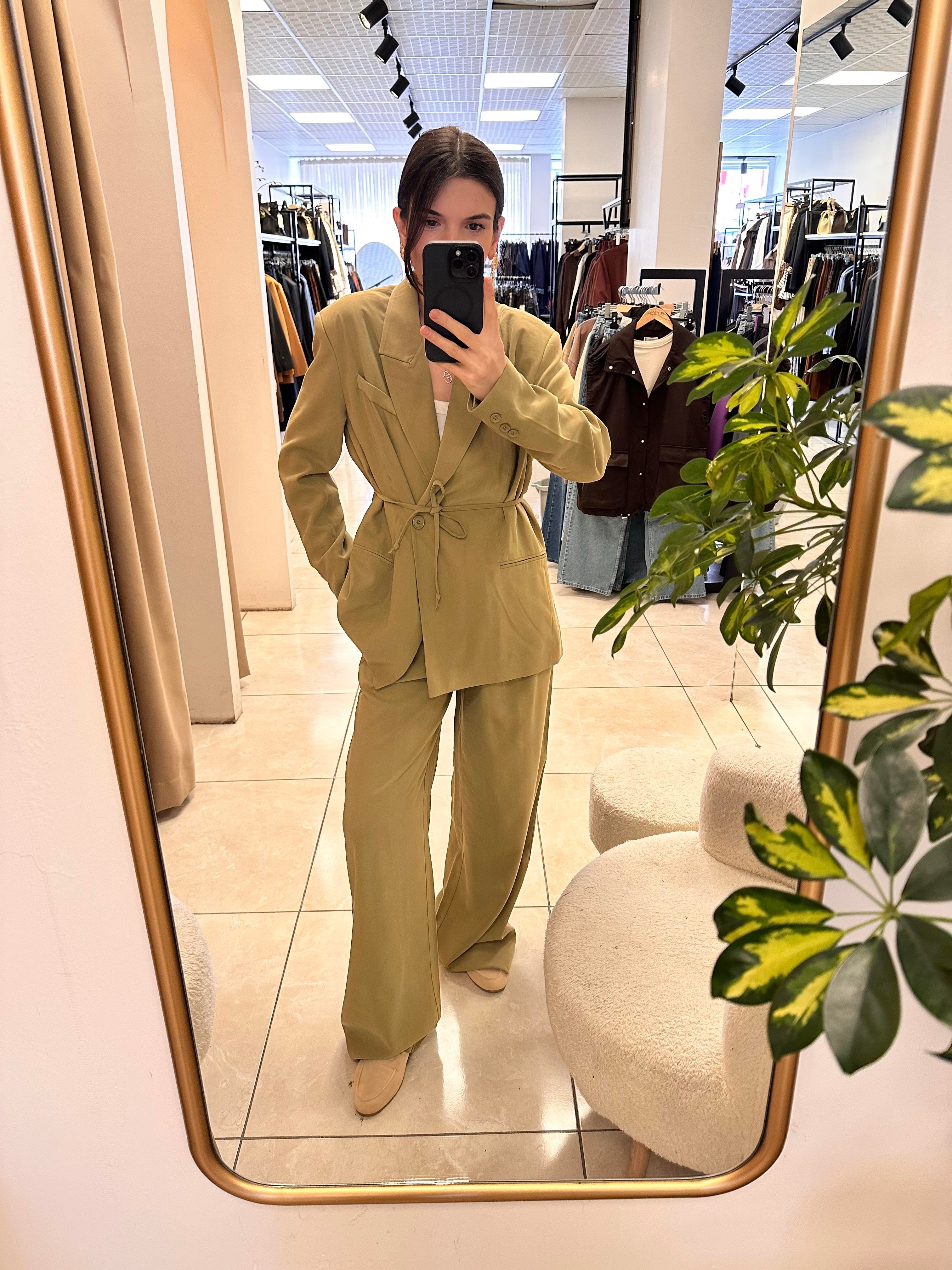  Bağlama Detaylı  Haki  Blazer Ceket Pantolon  Takım  