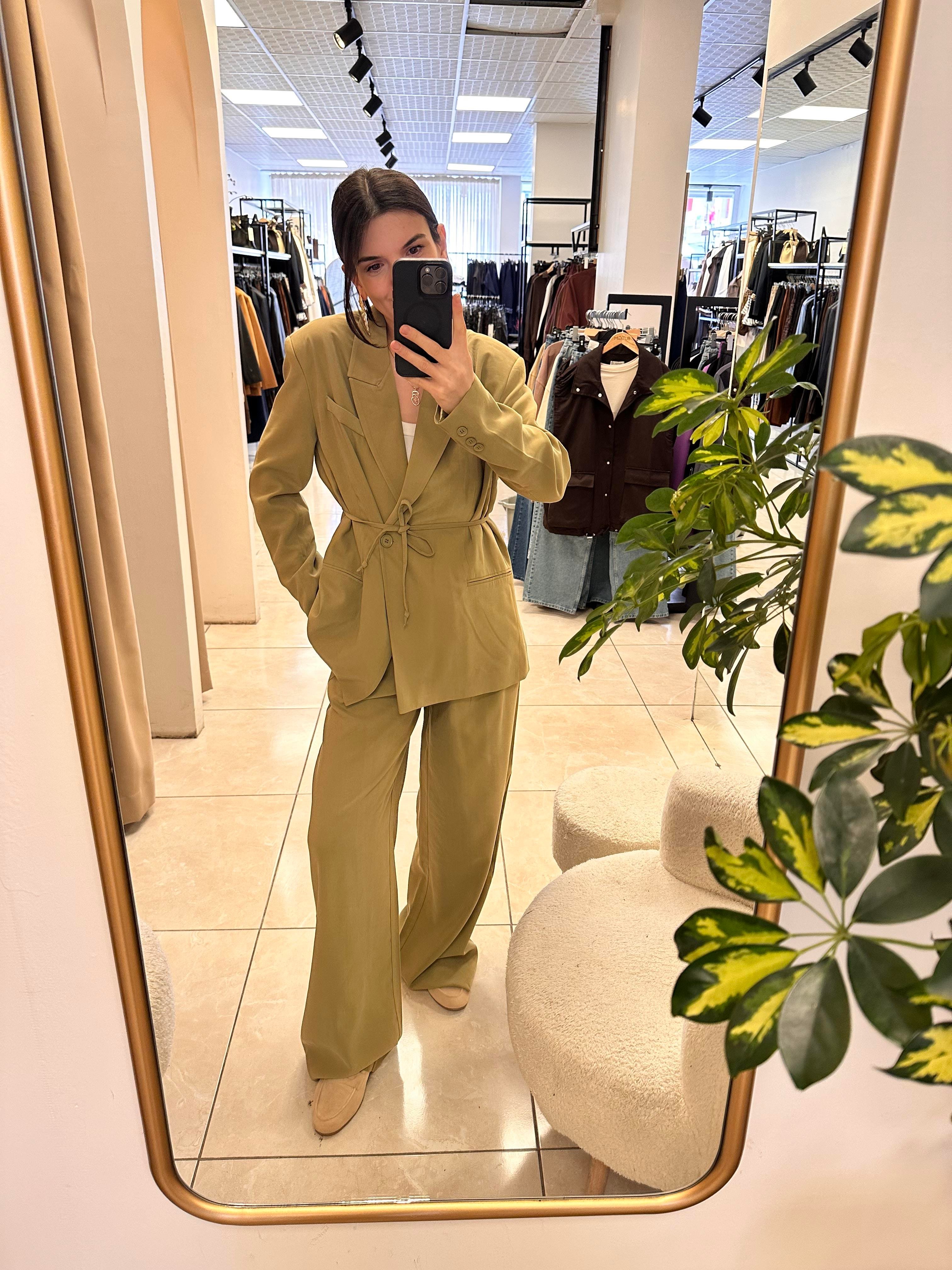  Bağlama Detaylı  Haki  Blazer Ceket Pantolon  Takım  