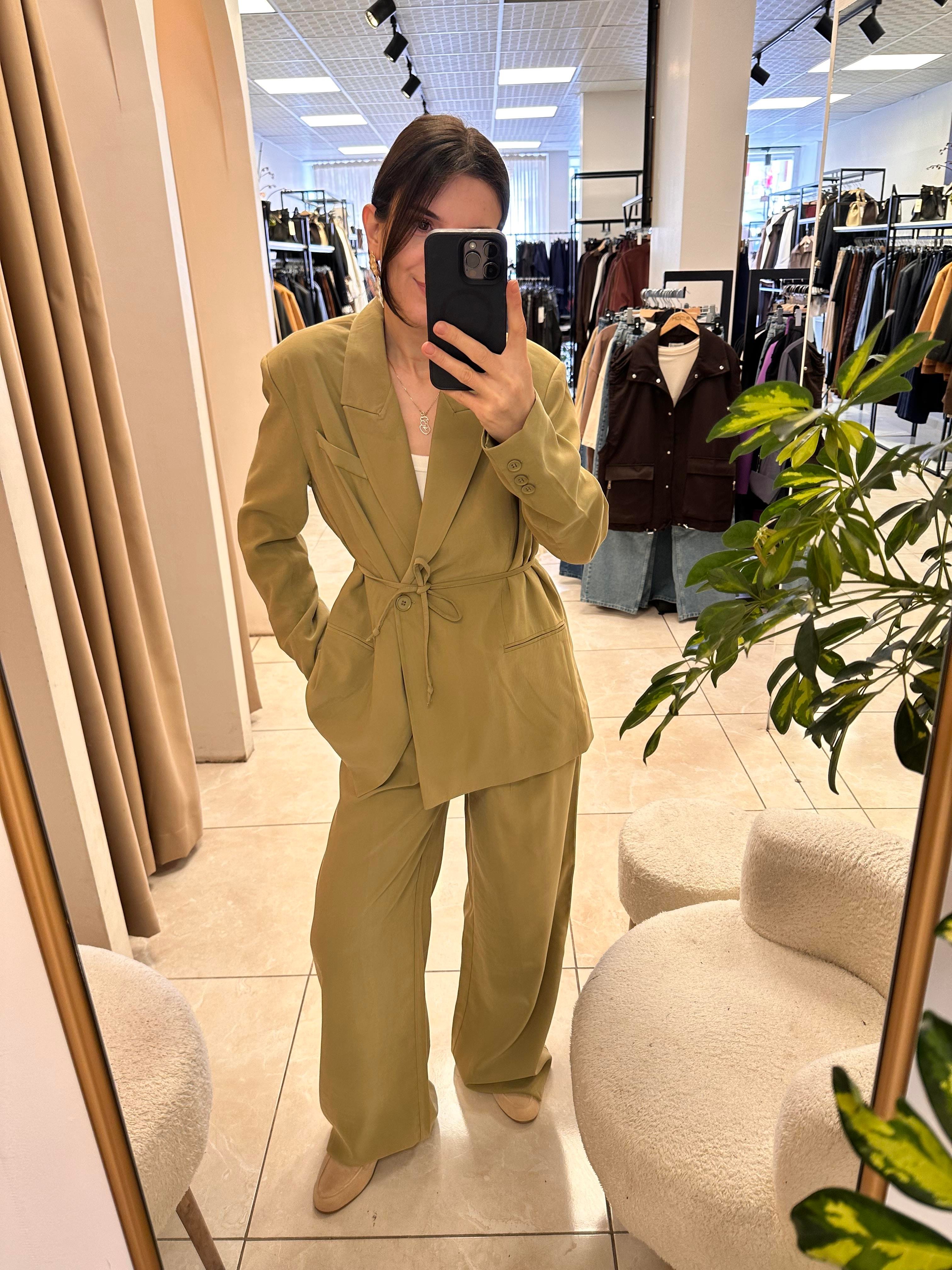  Bağlama Detaylı  Haki  Blazer Ceket Pantolon  Takım  