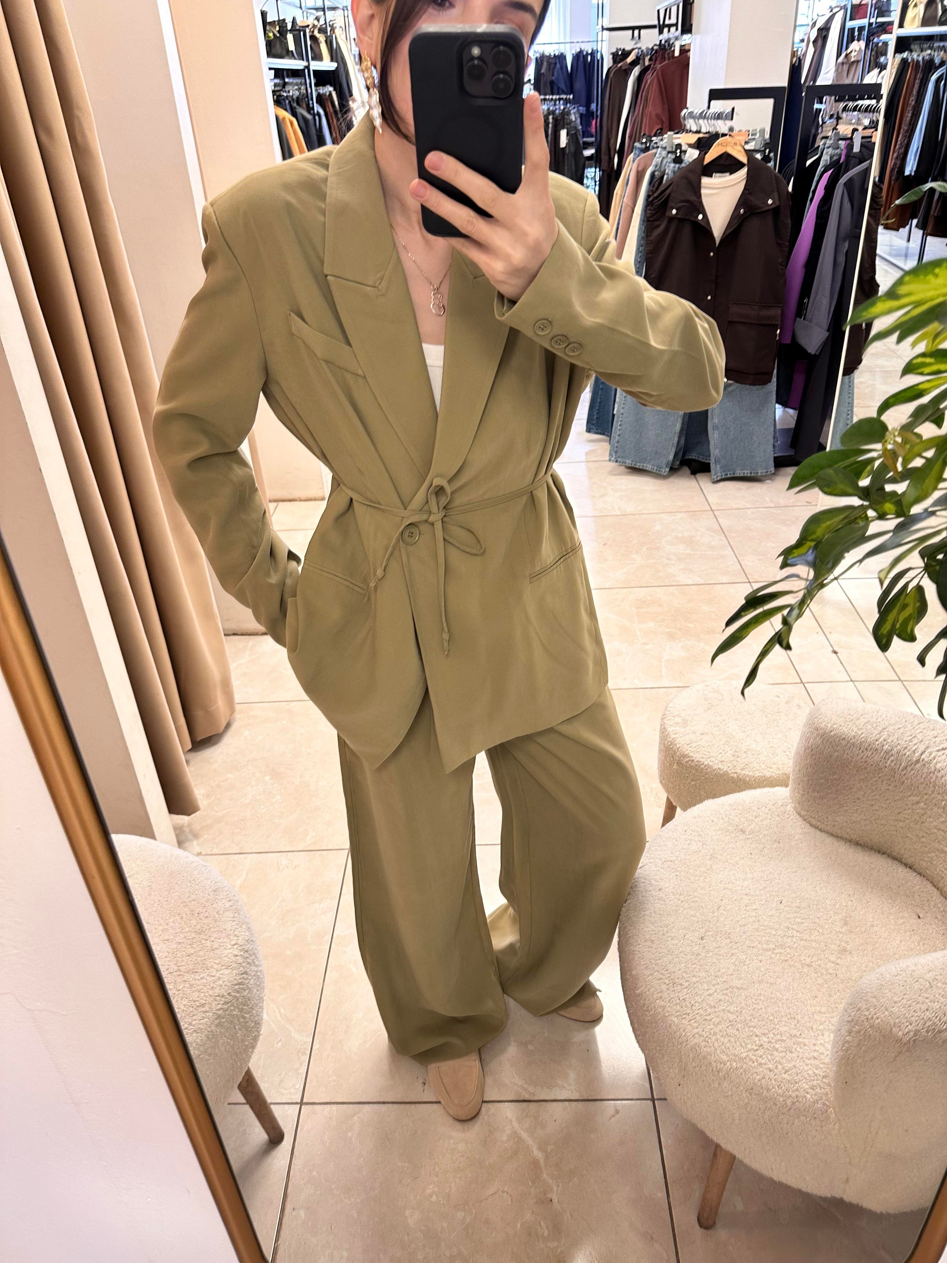  Bağlama Detaylı  Haki  Blazer Ceket Pantolon  Takım  