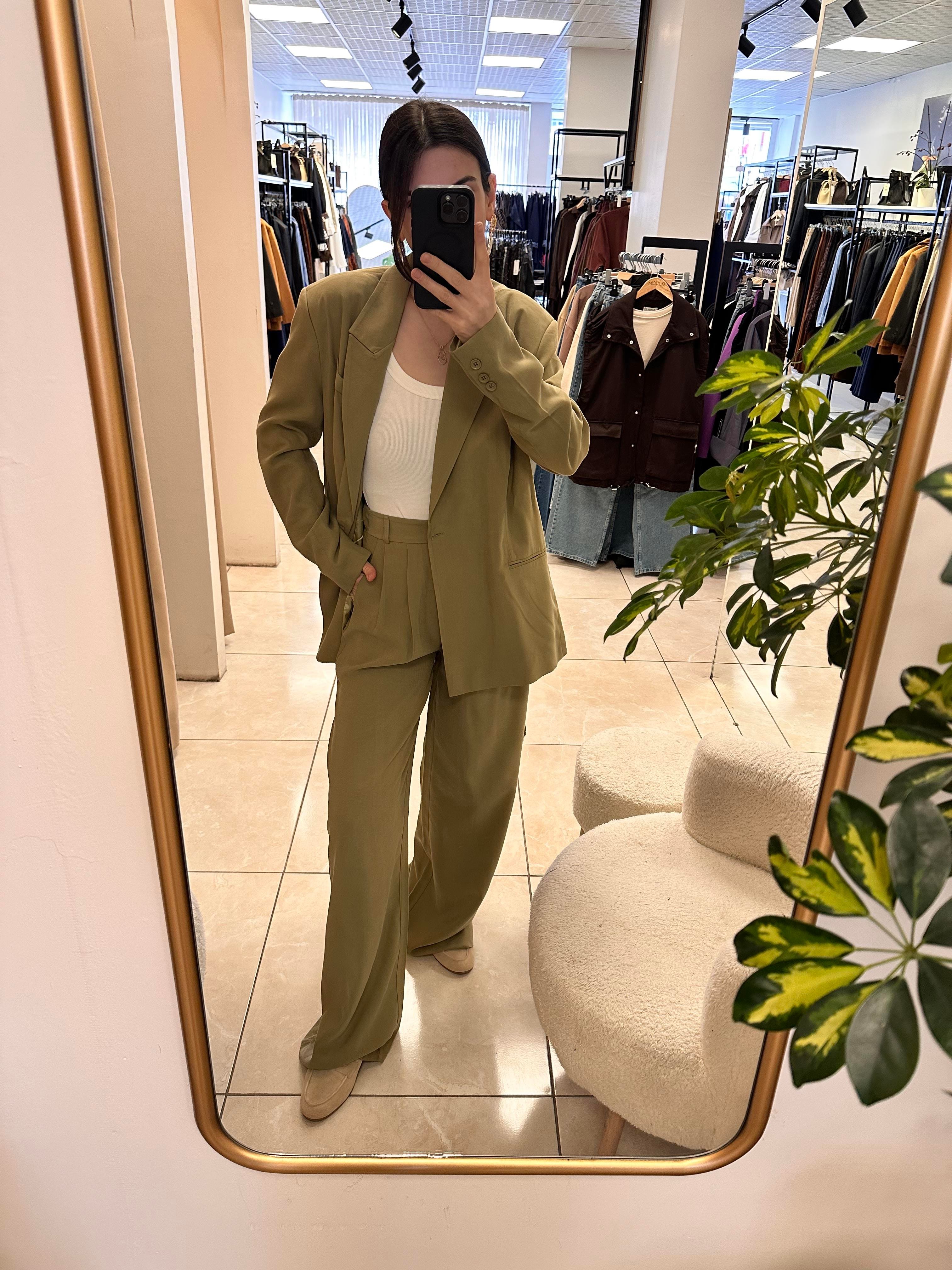  Bağlama Detaylı  Haki  Blazer Ceket Pantolon  Takım  