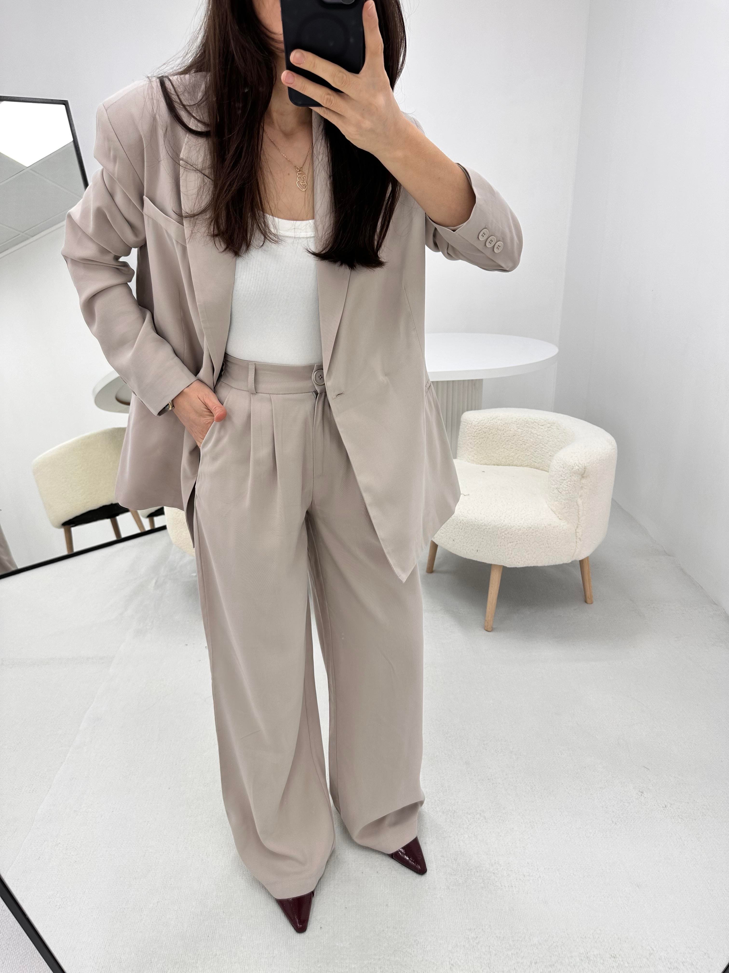  Bağlama Detaylı Taş Blazer Ceket Pantolon  Takım  