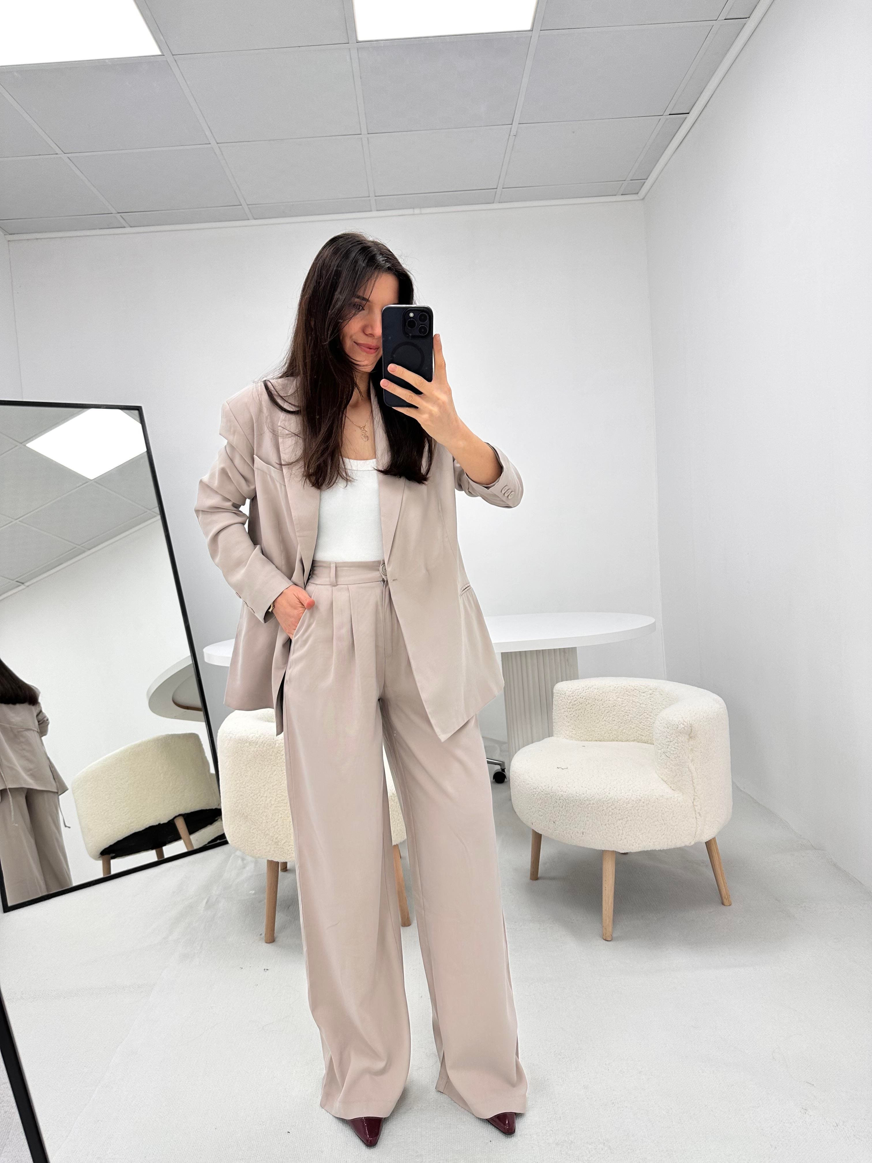  Bağlama Detaylı Taş Blazer Ceket Pantolon  Takım  