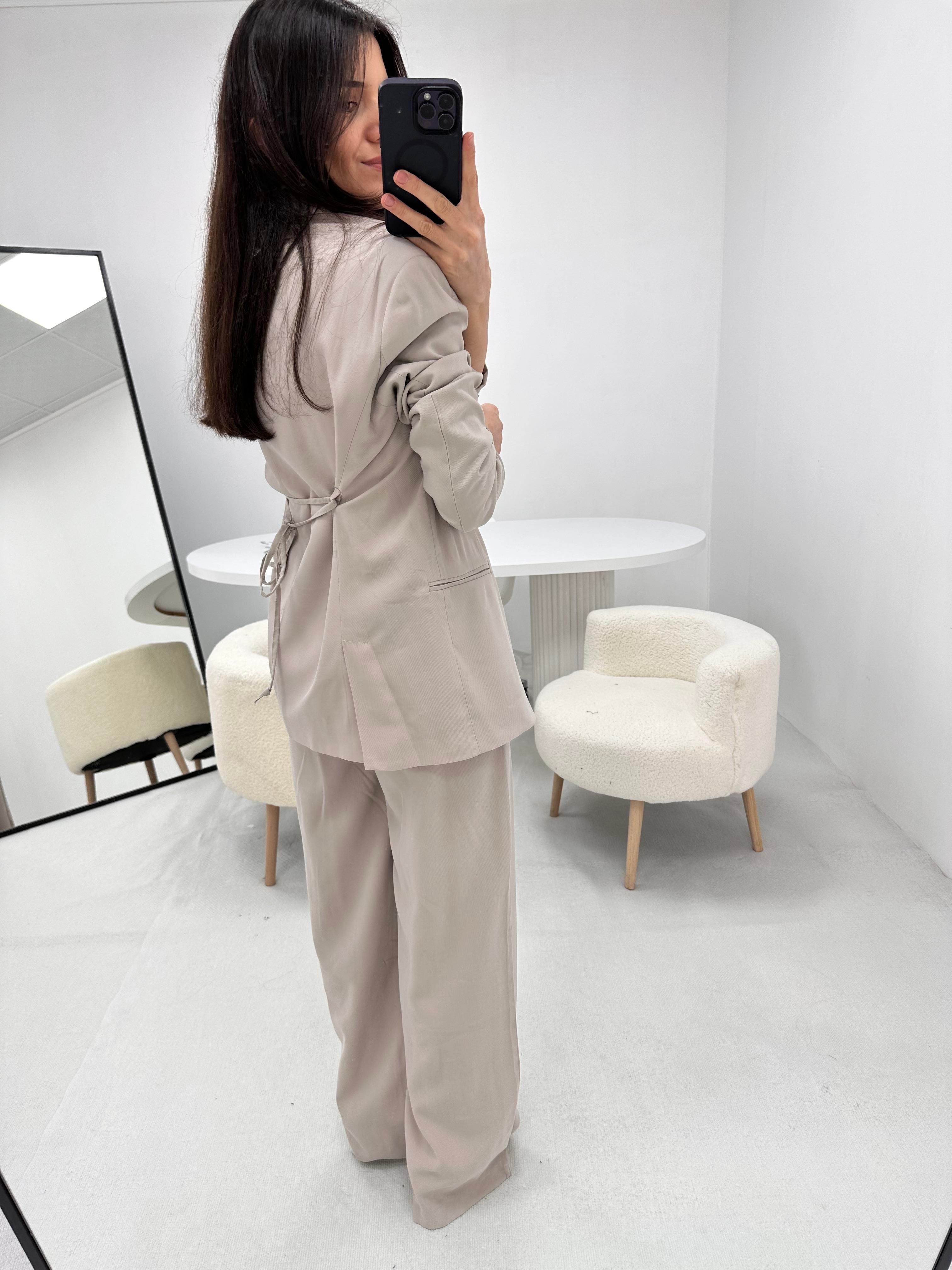  Bağlama Detaylı Taş Blazer Ceket Pantolon  Takım  