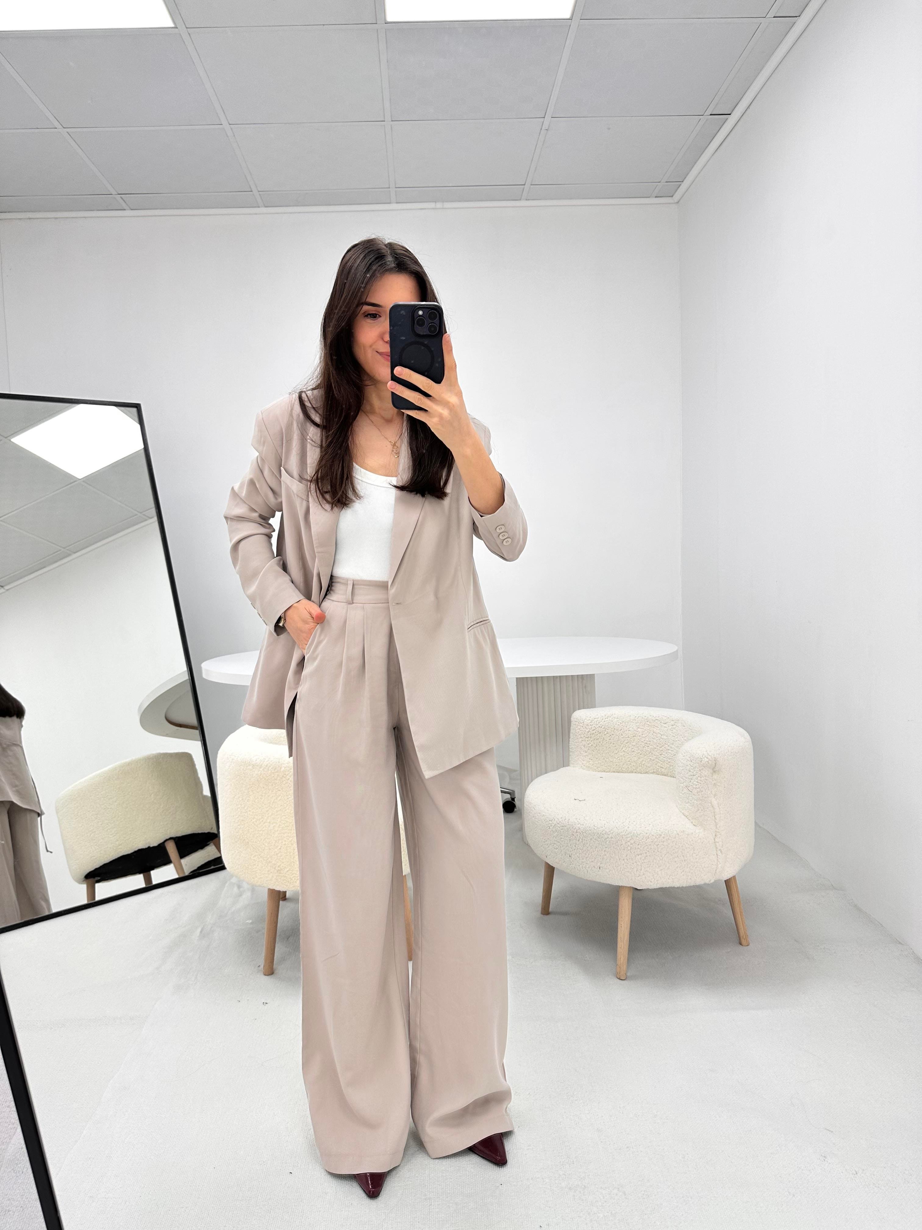  Bağlama Detaylı Taş Blazer Ceket Pantolon  Takım  