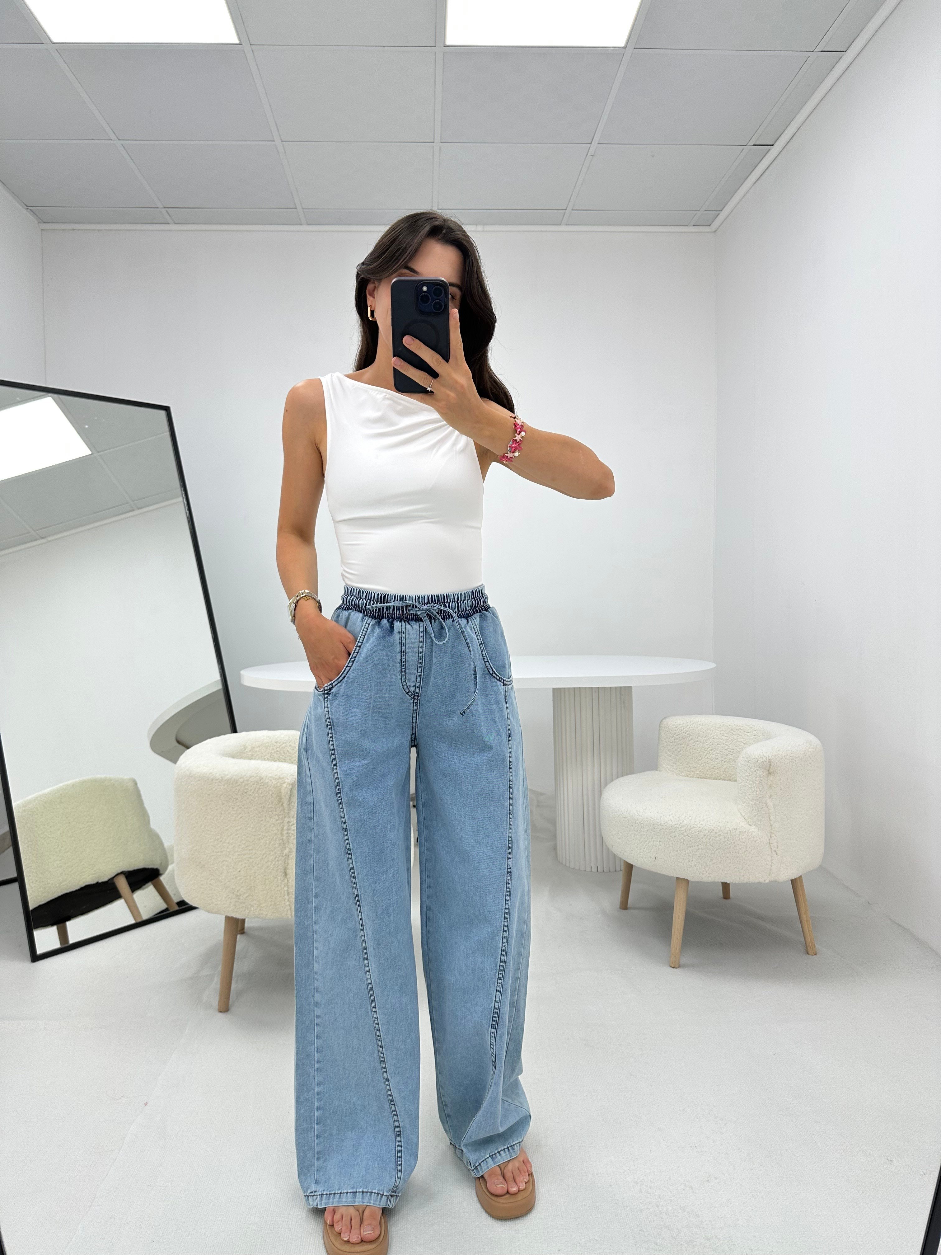 Bağcıklı Mavi Denim Pantolon 