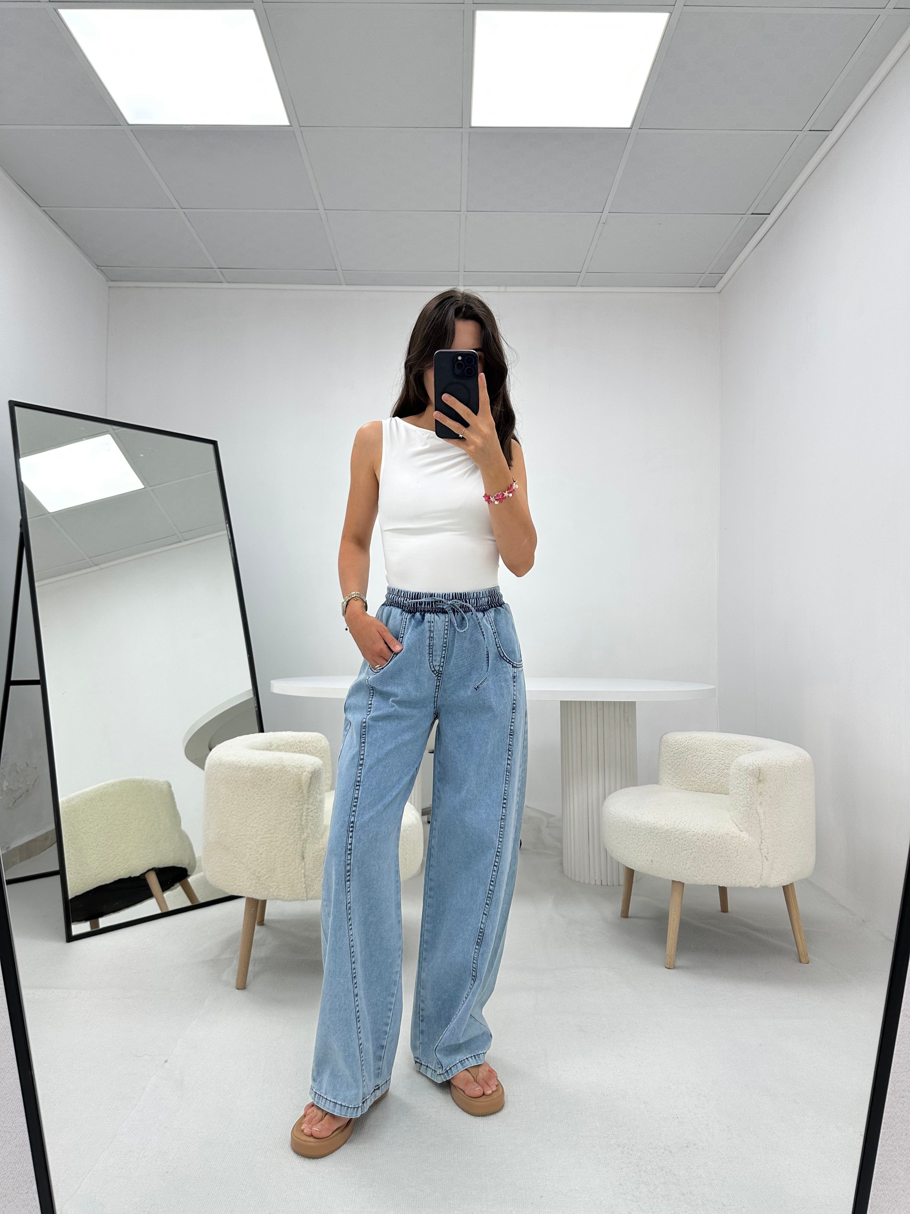 Bağcıklı Mavi Denim Pantolon 