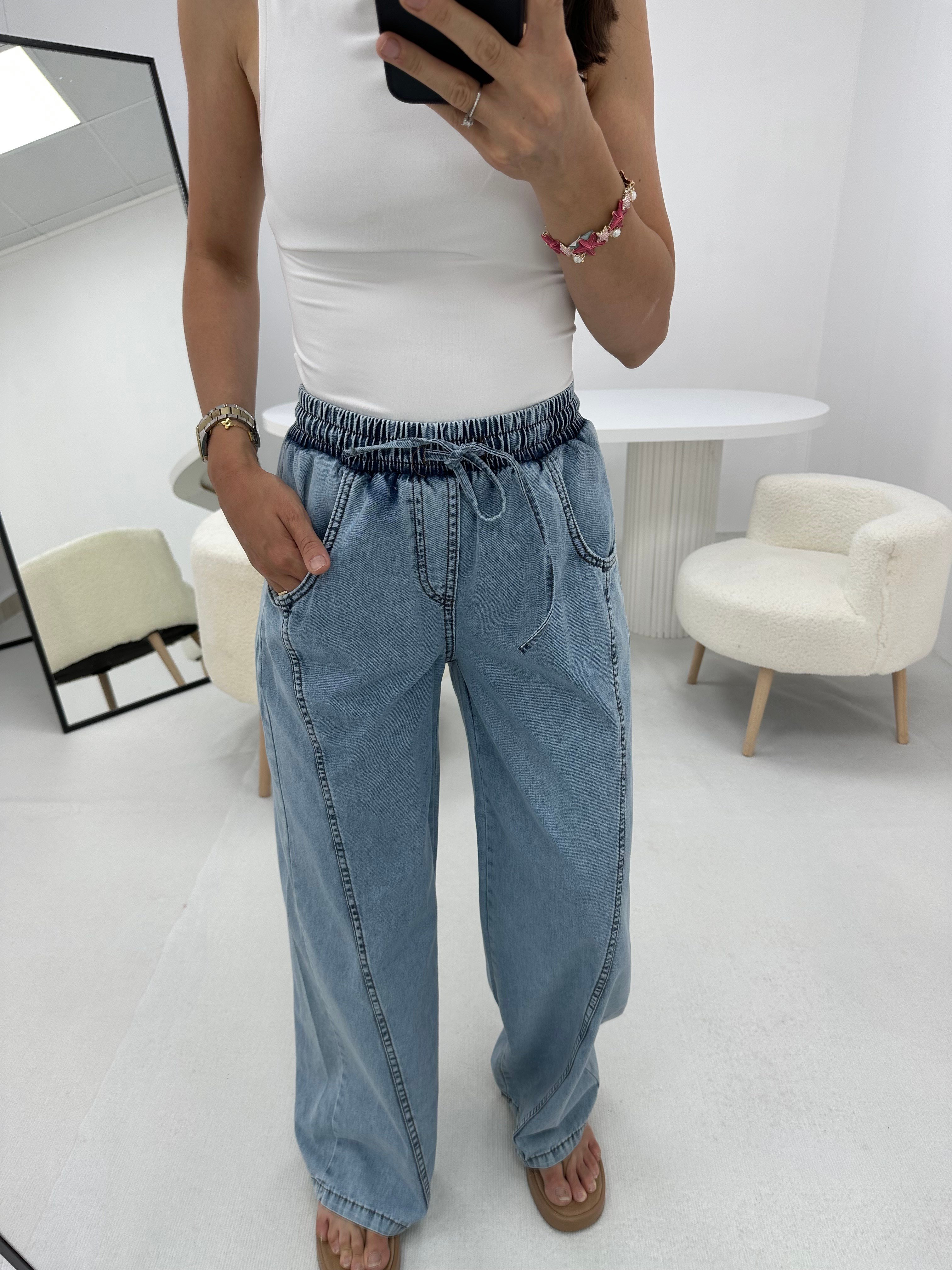 Bağcıklı Mavi Denim Pantolon 
