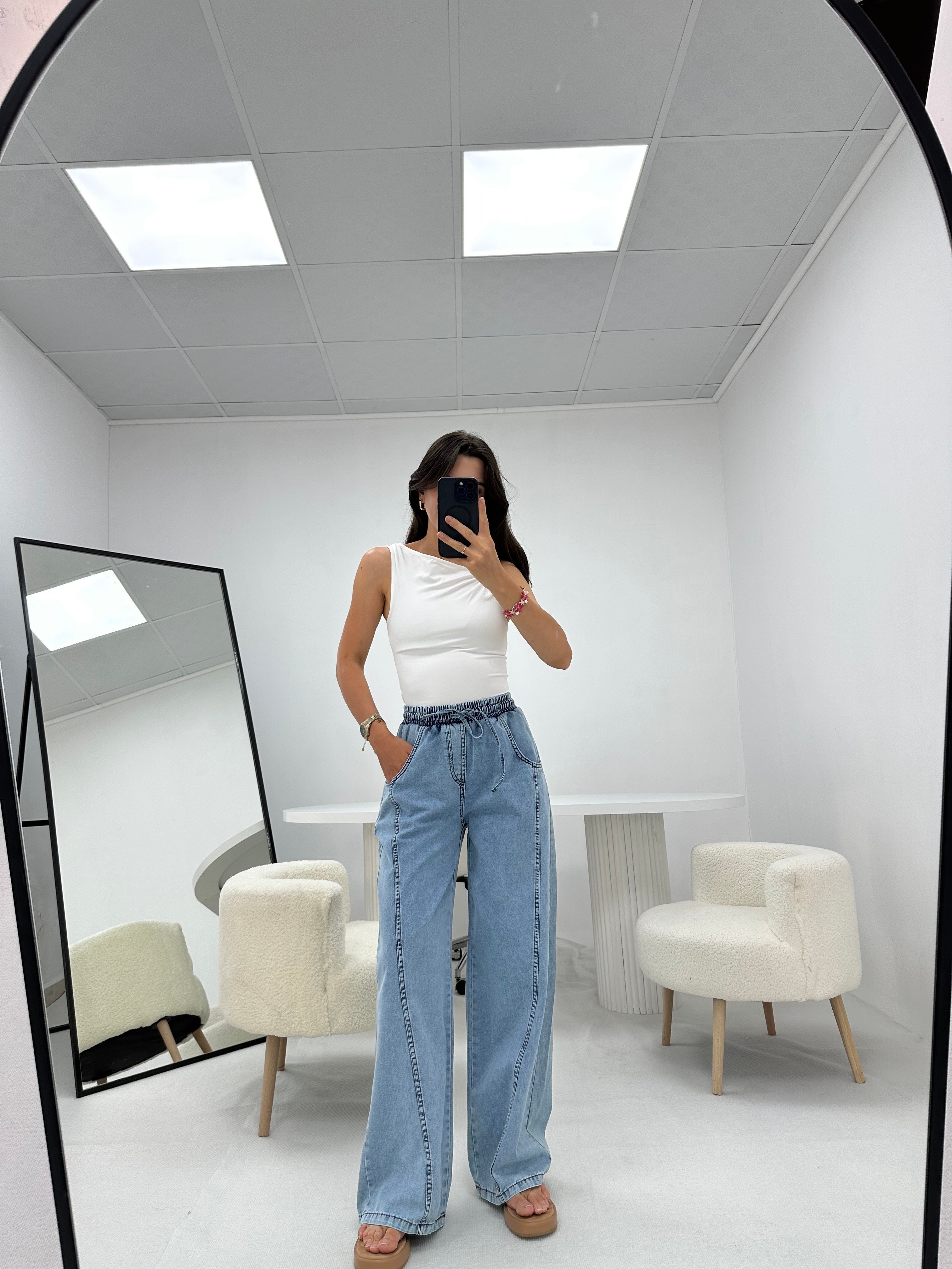 Bağcıklı Mavi Denim Pantolon 