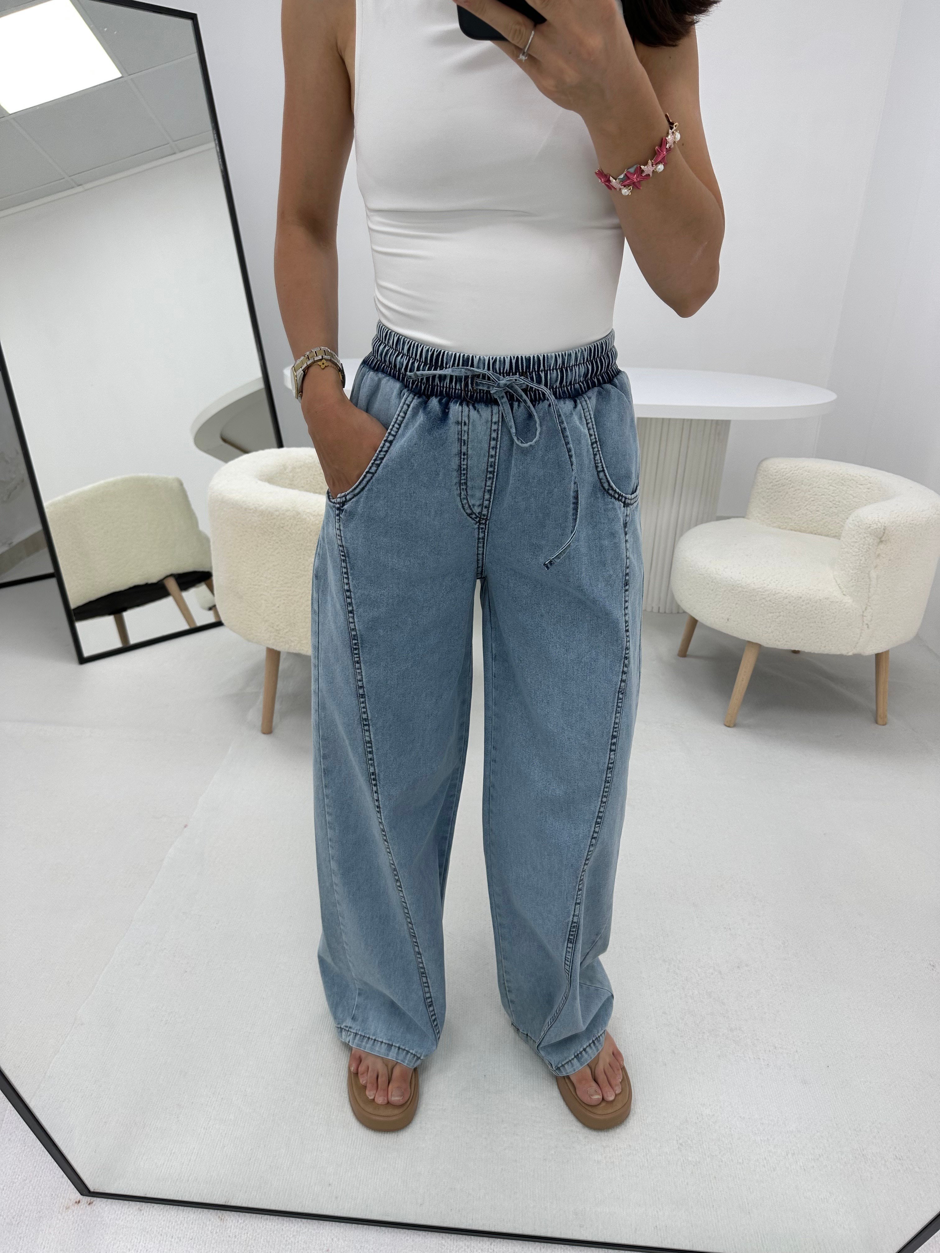 Bağcıklı Mavi Denim Pantolon 