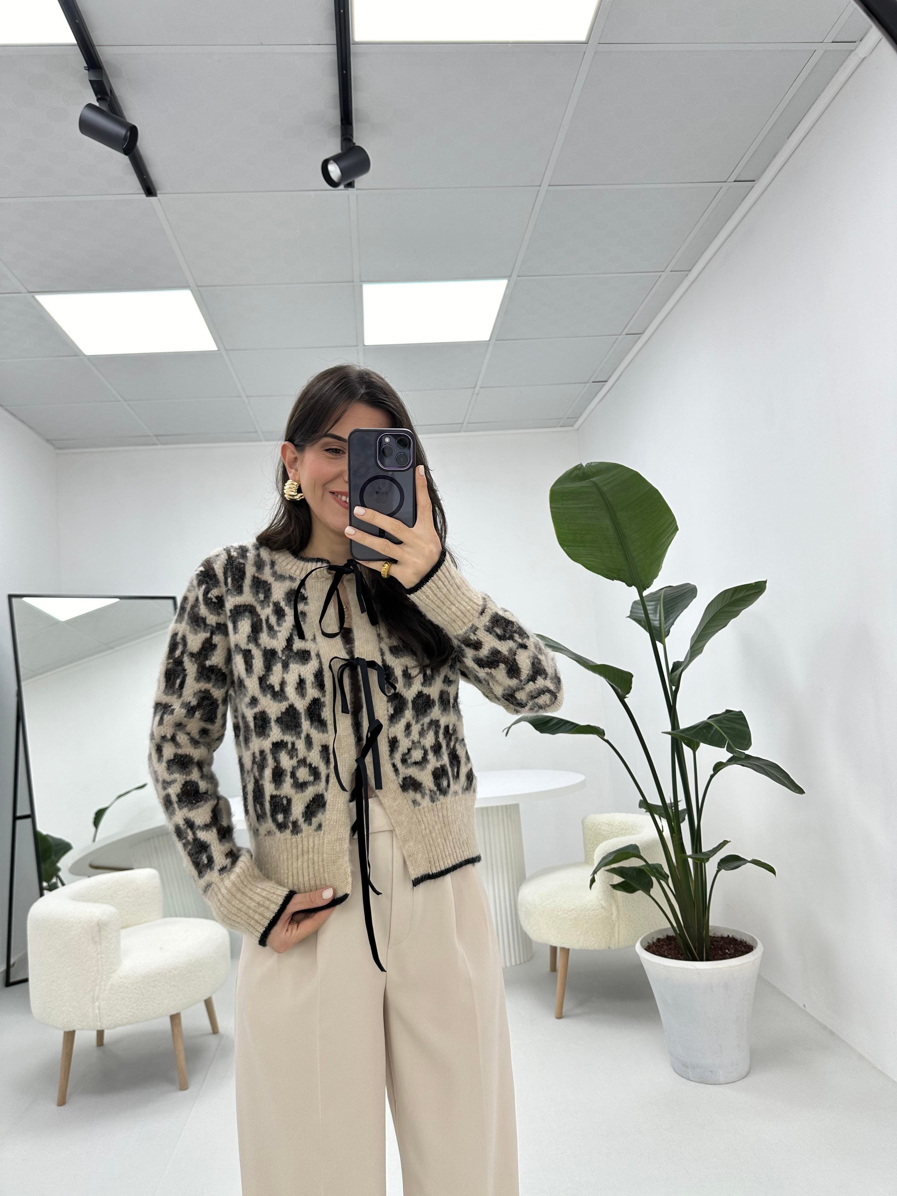 Bağlama Detaylı Leopar Hırka 