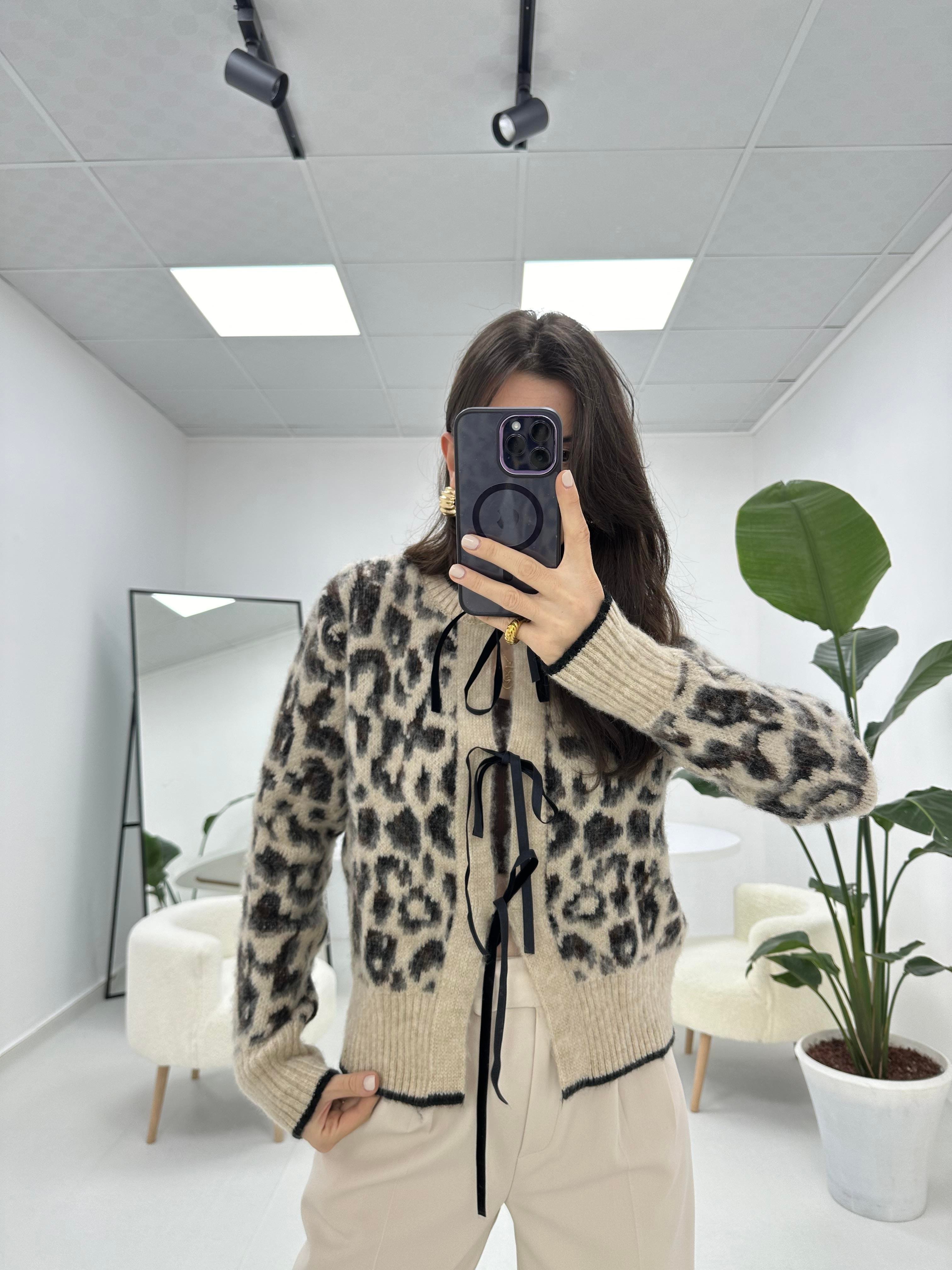 Bağlama Detaylı Leopar Hırka 