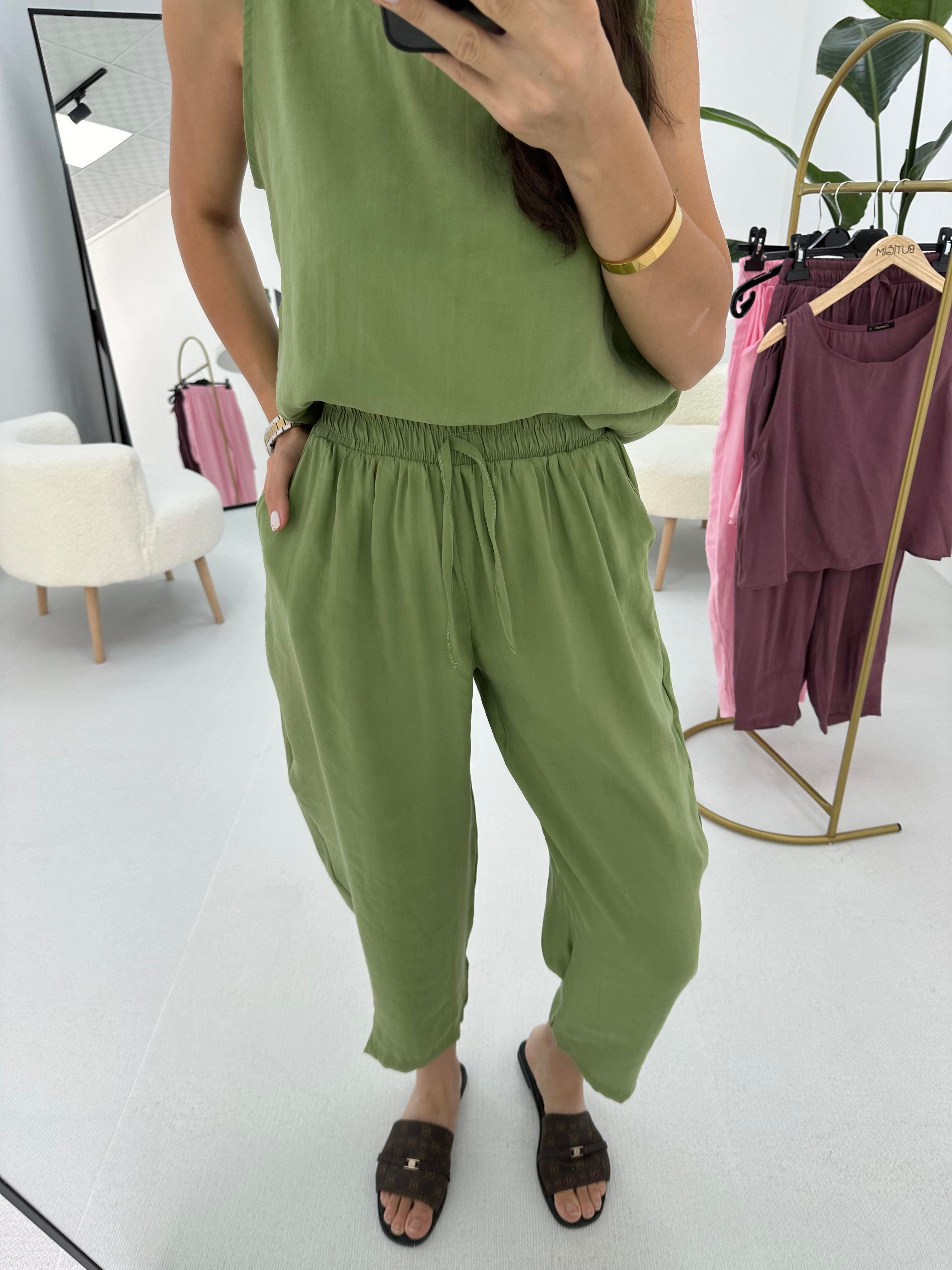 Beli Bağlamalı Haki  Bluz Pantolon Takım