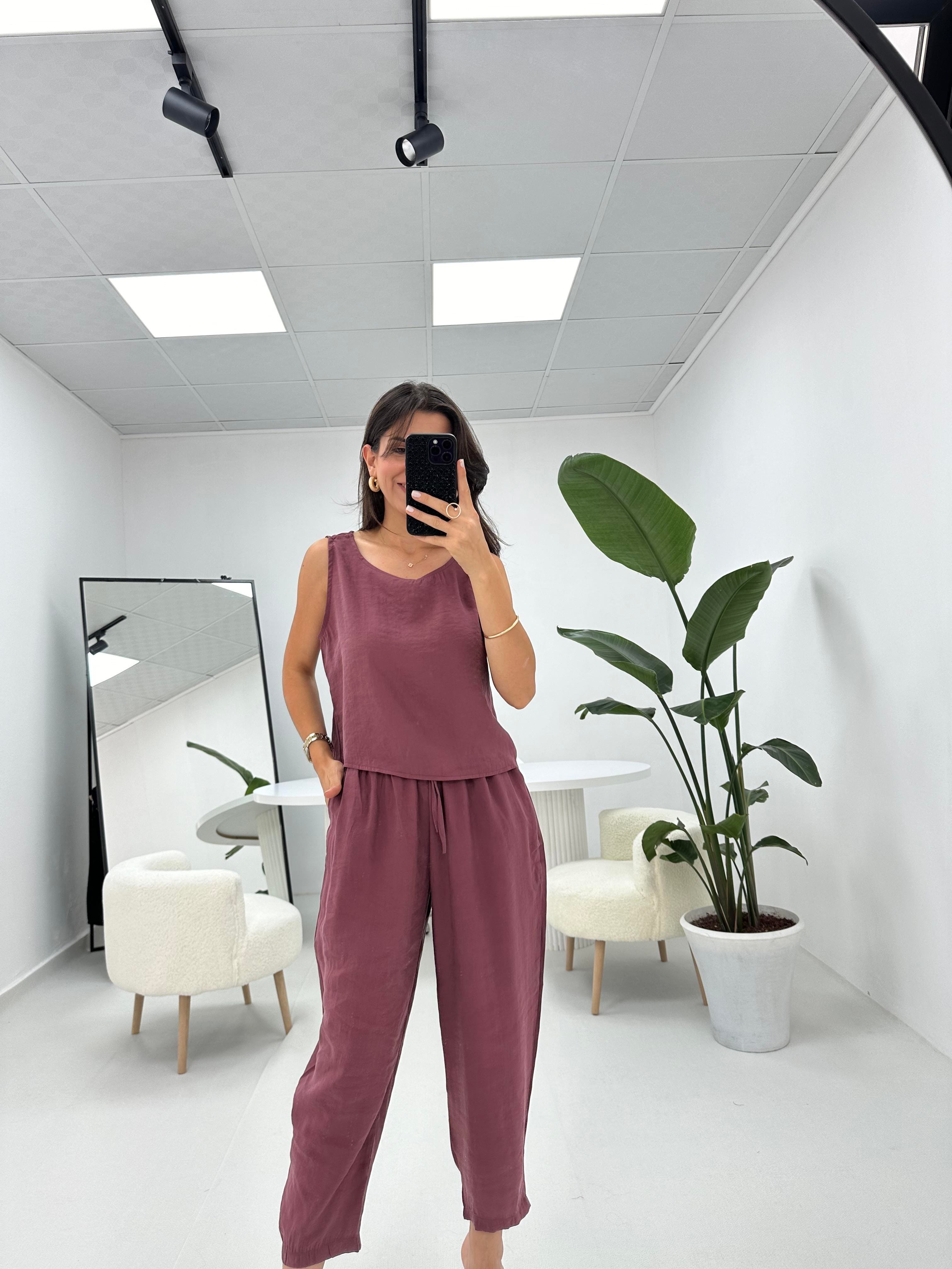Beli Bağlamalı Mürdüm Bluz Pantolon Takım