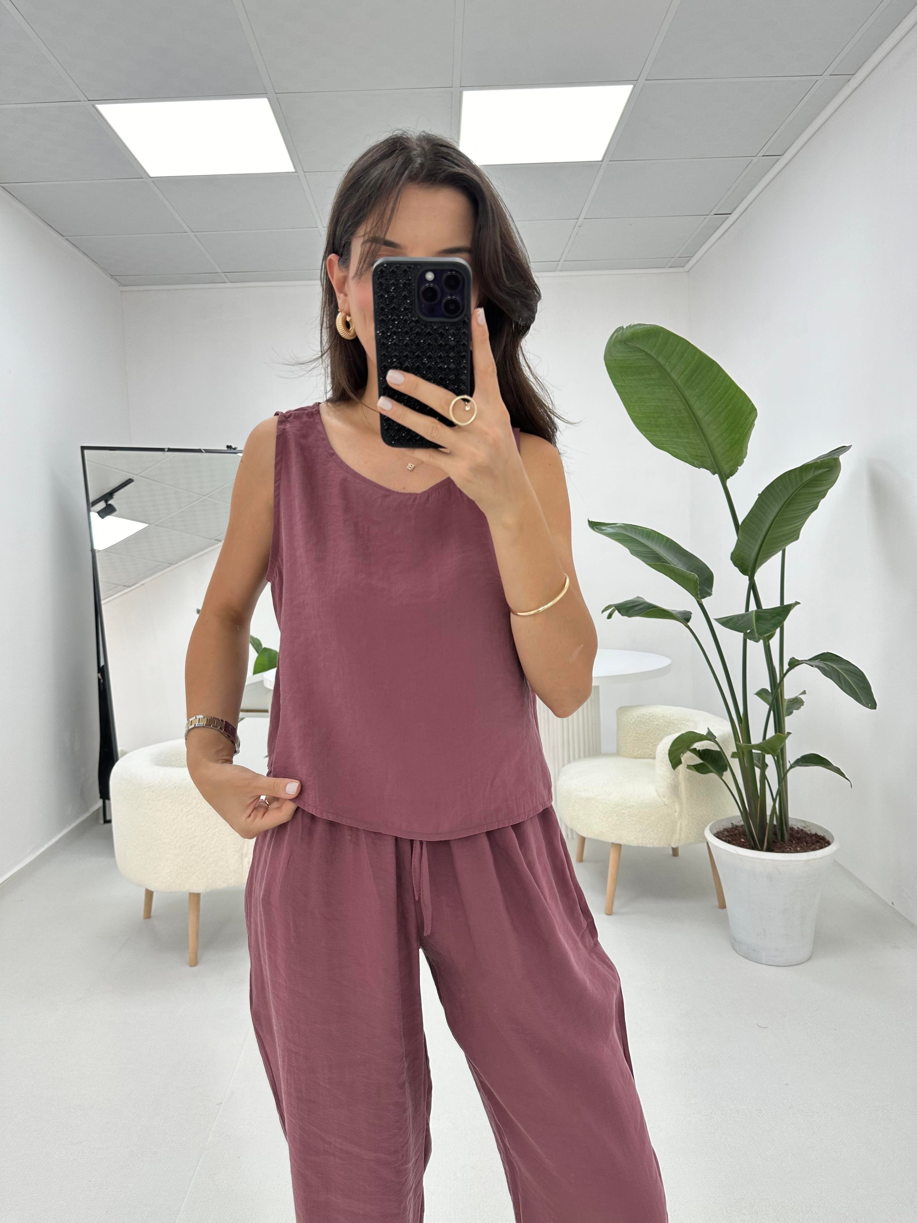 Beli Bağlamalı Mürdüm Bluz Pantolon Takım