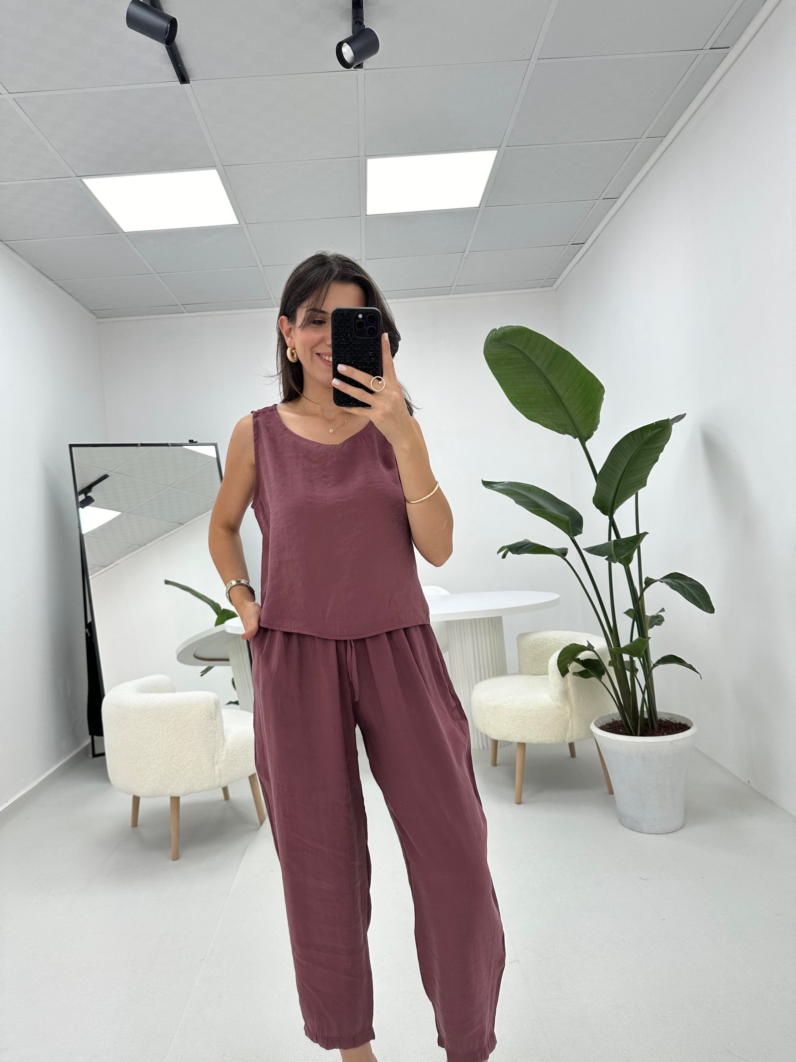 Beli Bağlamalı Mürdüm Bluz Pantolon Takım