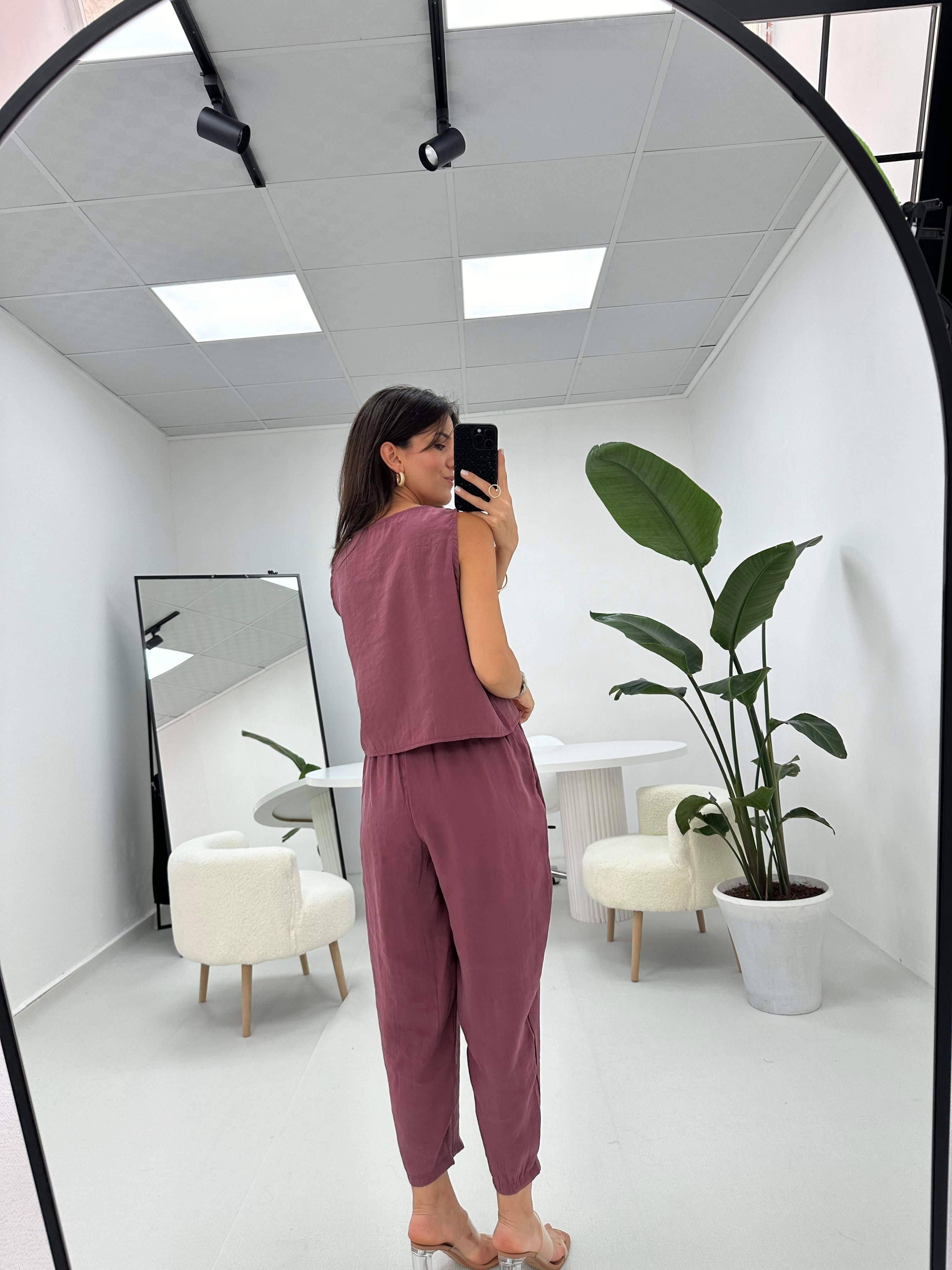 Beli Bağlamalı Mürdüm Bluz Pantolon Takım
