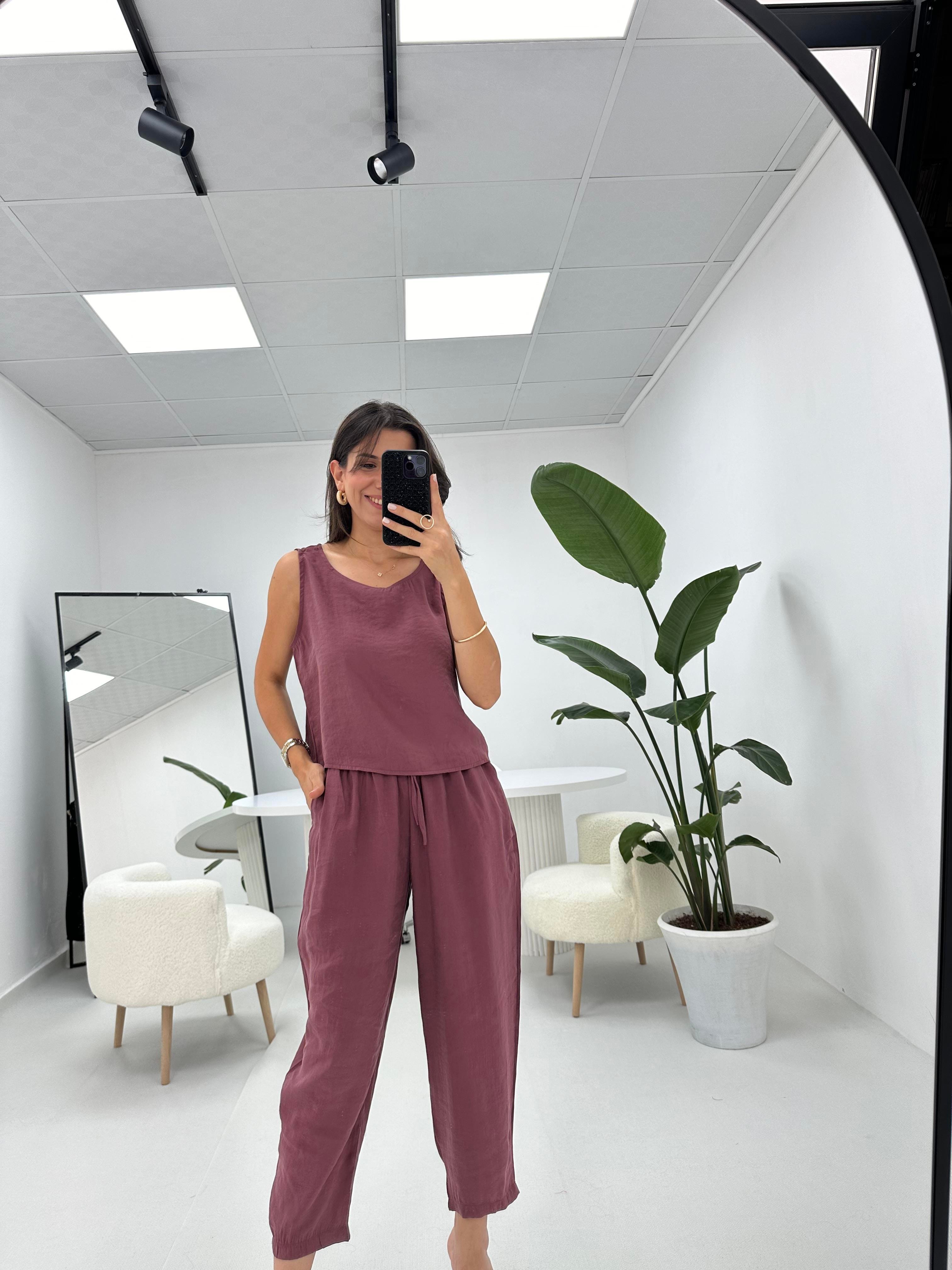 Beli Bağlamalı Mürdüm Bluz Pantolon Takım