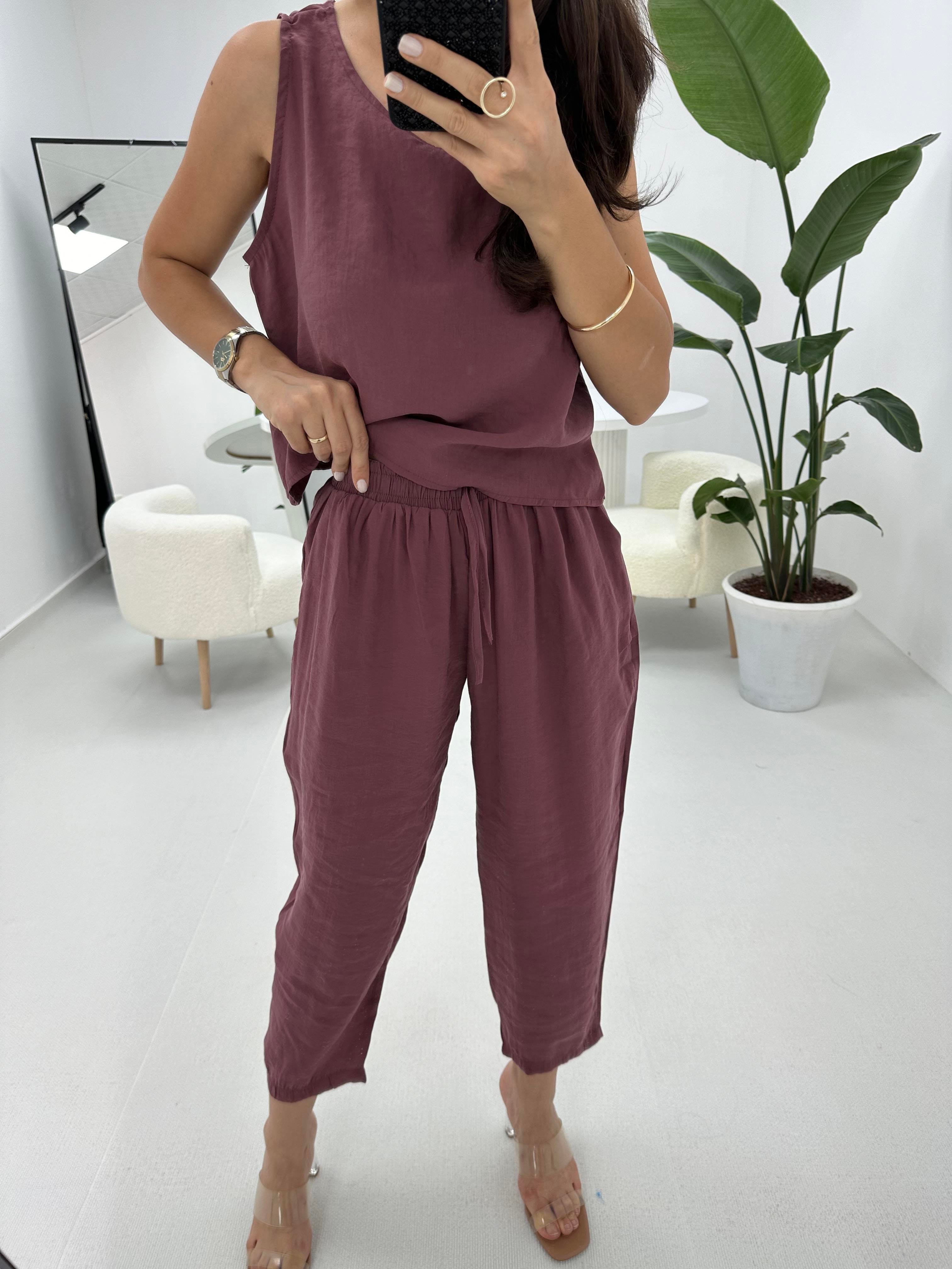Beli Bağlamalı Mürdüm Bluz Pantolon Takım