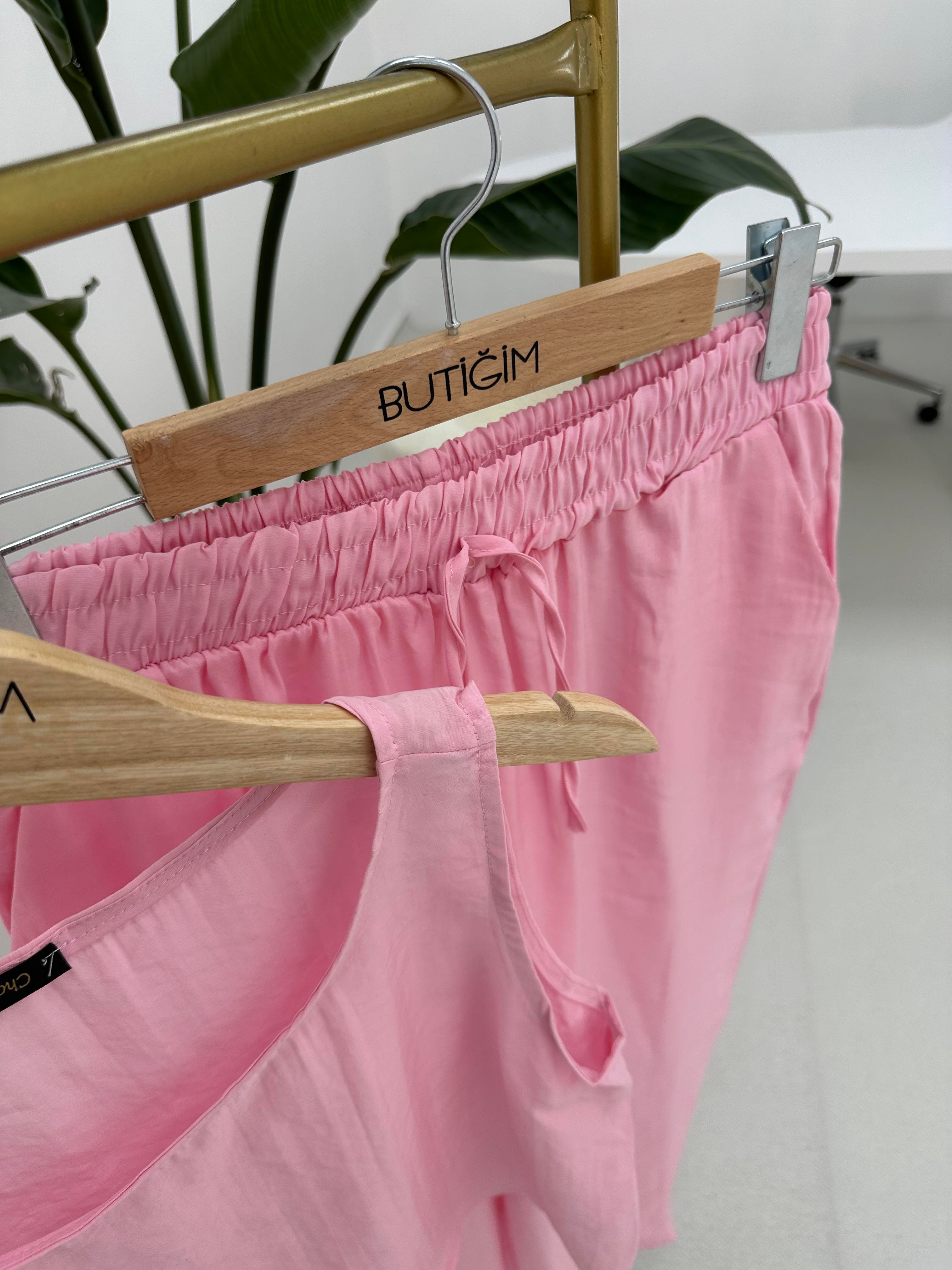 Beli Bağlamalı Pembe Bluz Pantolon Takım