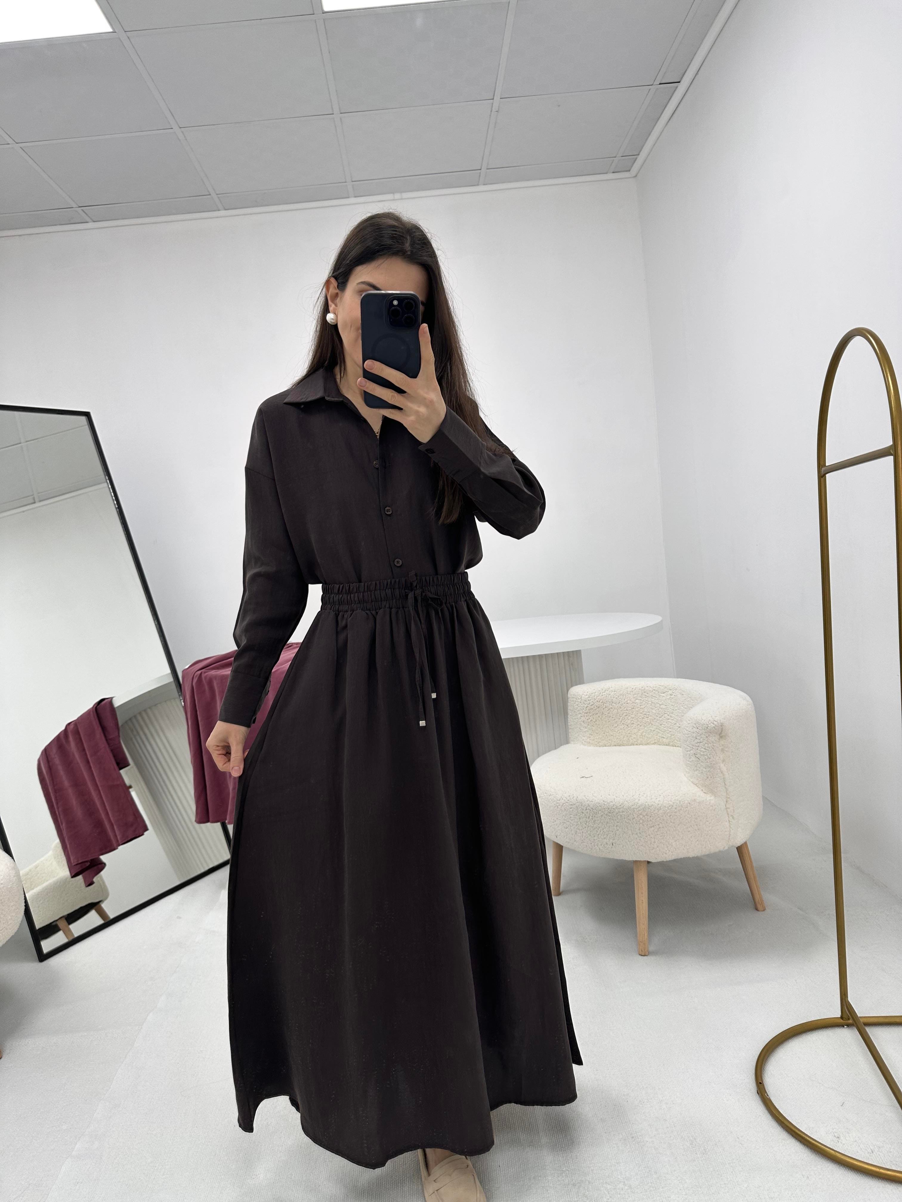 Beli Lastik Detaylı Acı Kahverengi Etek 