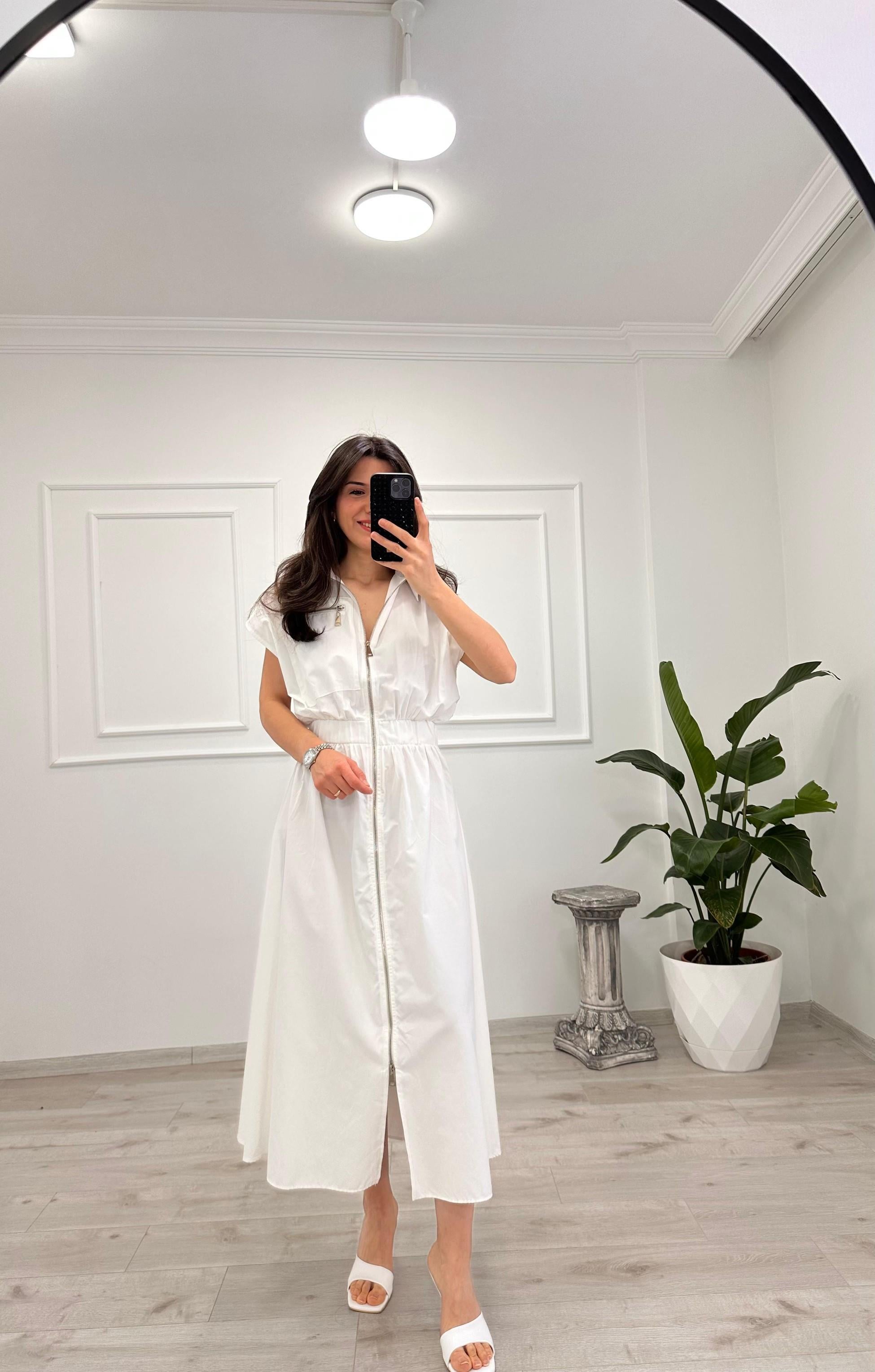 BELİ LASTİKLİ FERMUARLI ELBİSE