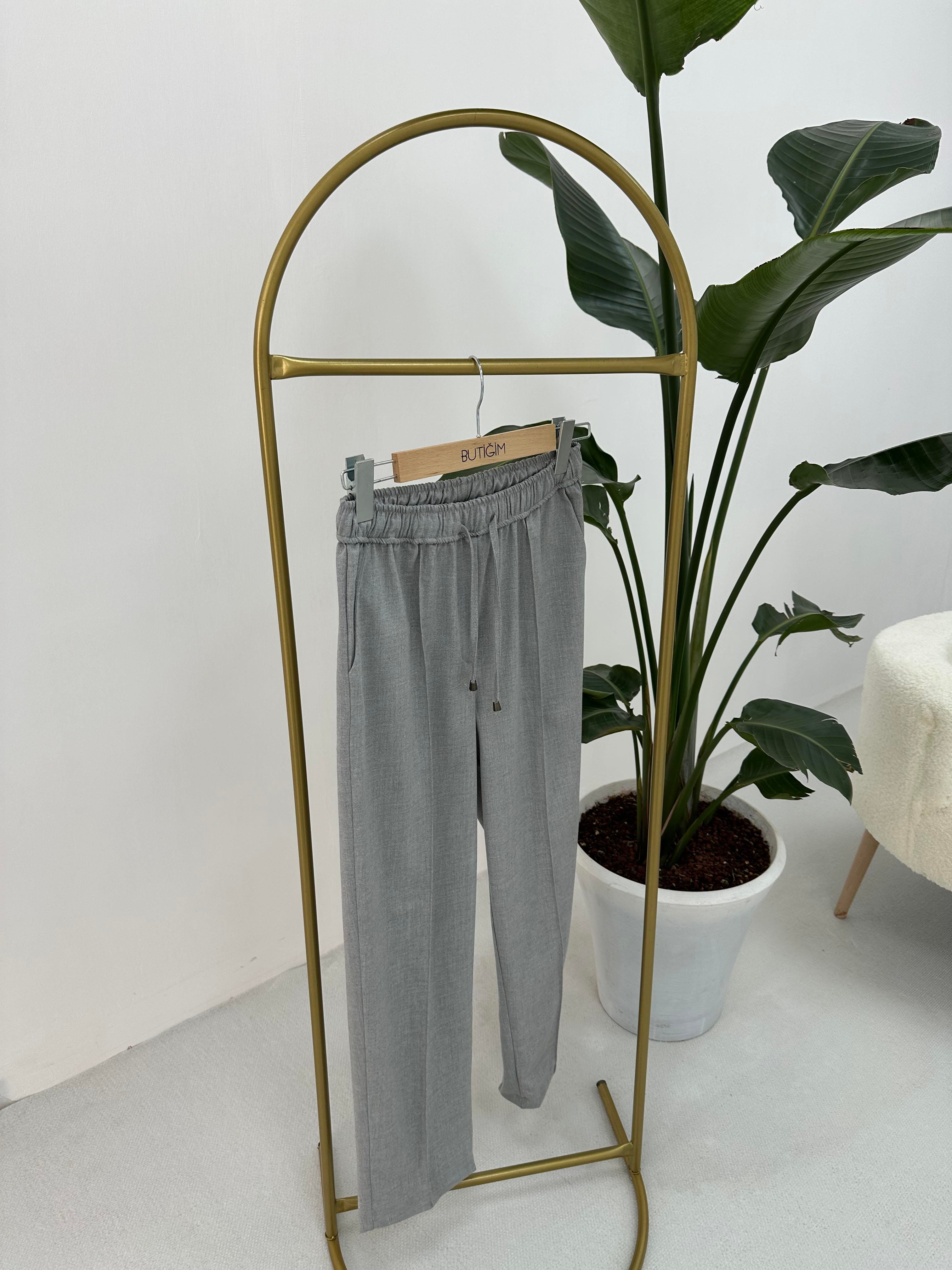 Beli Lastikli Pantolon Gri