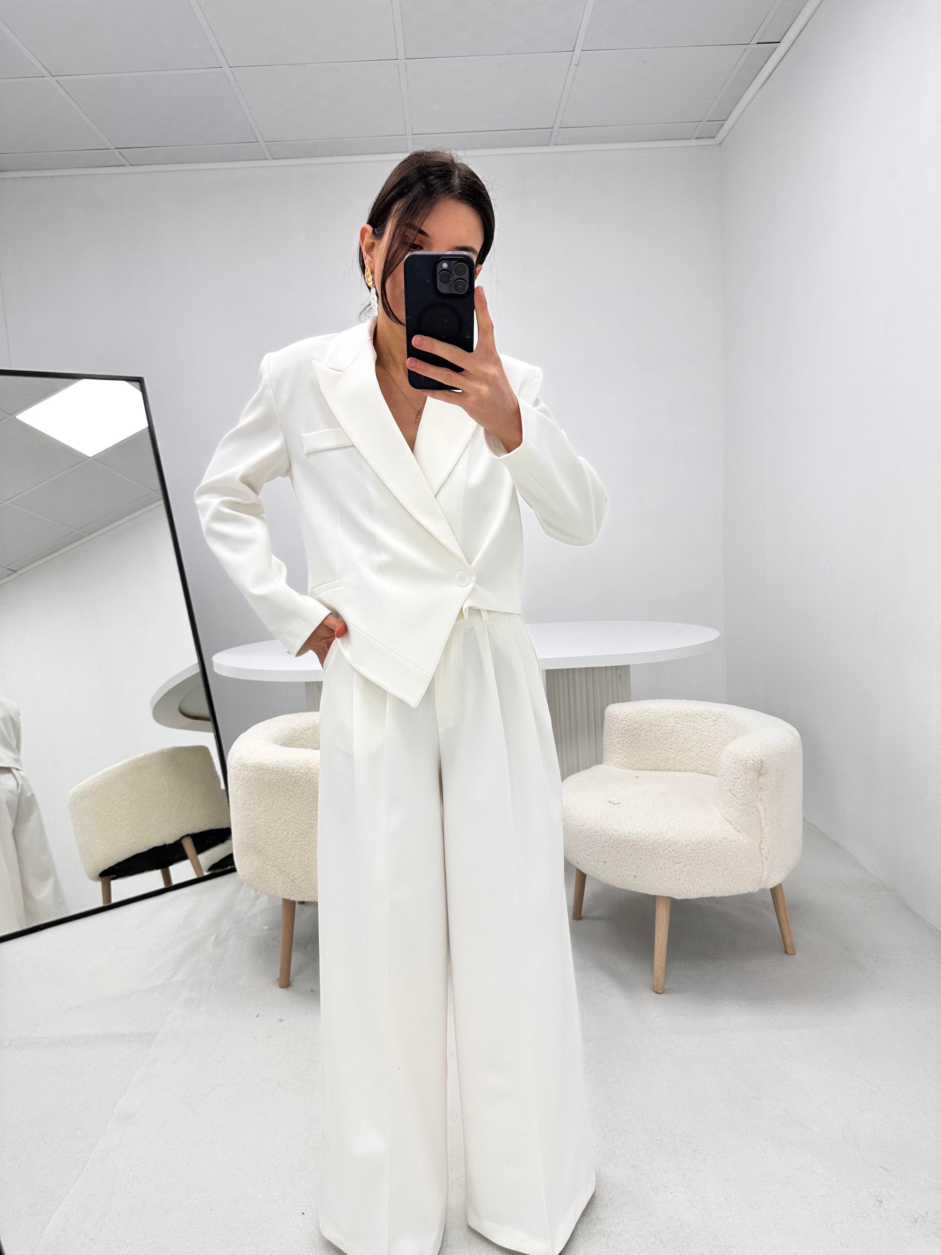 Beyaz Tasarım Blazer Ceket Pantolon Takım