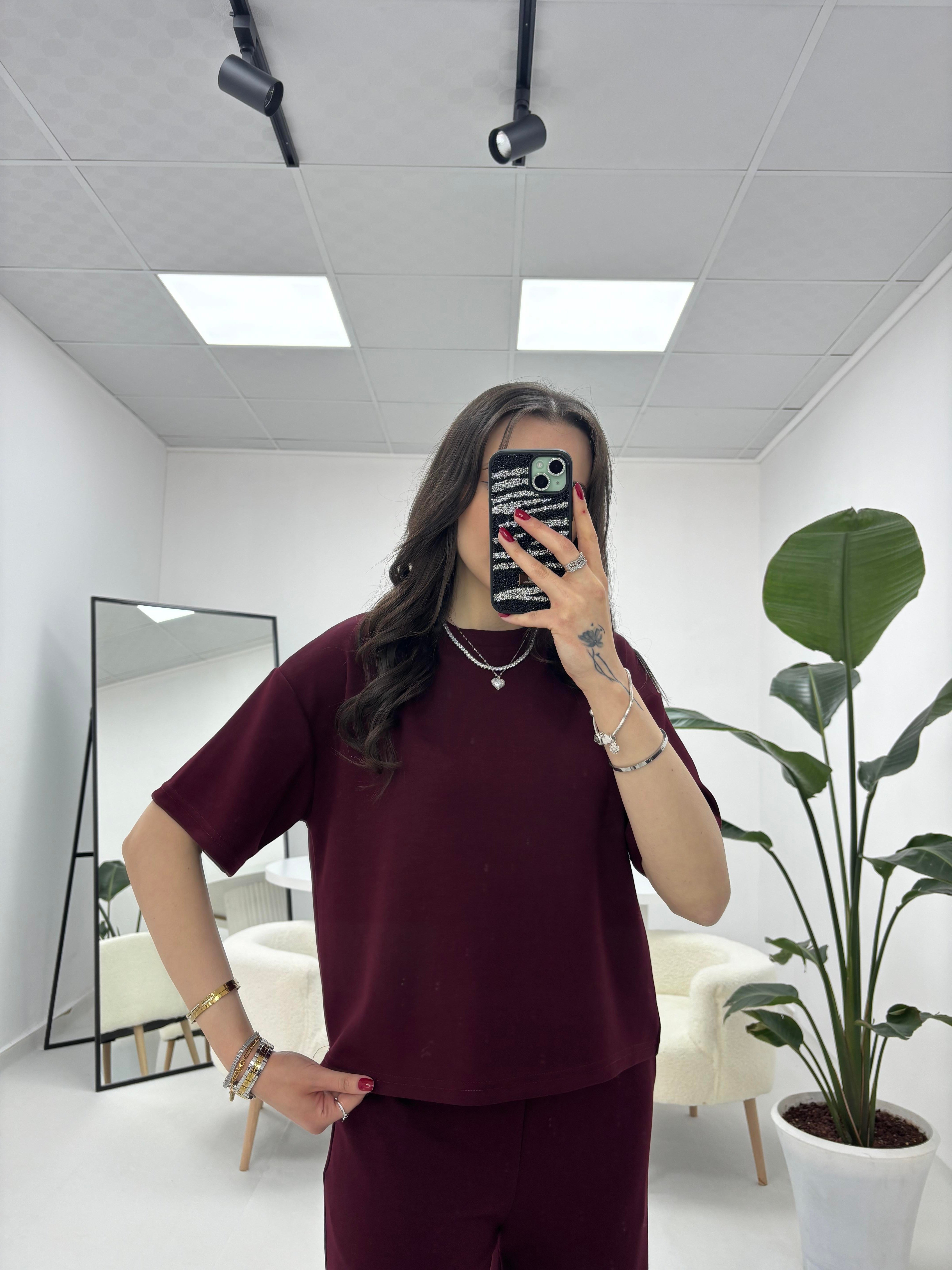 Bisiklet Yaka Kısa Kol Eşofman Takımı Bordo