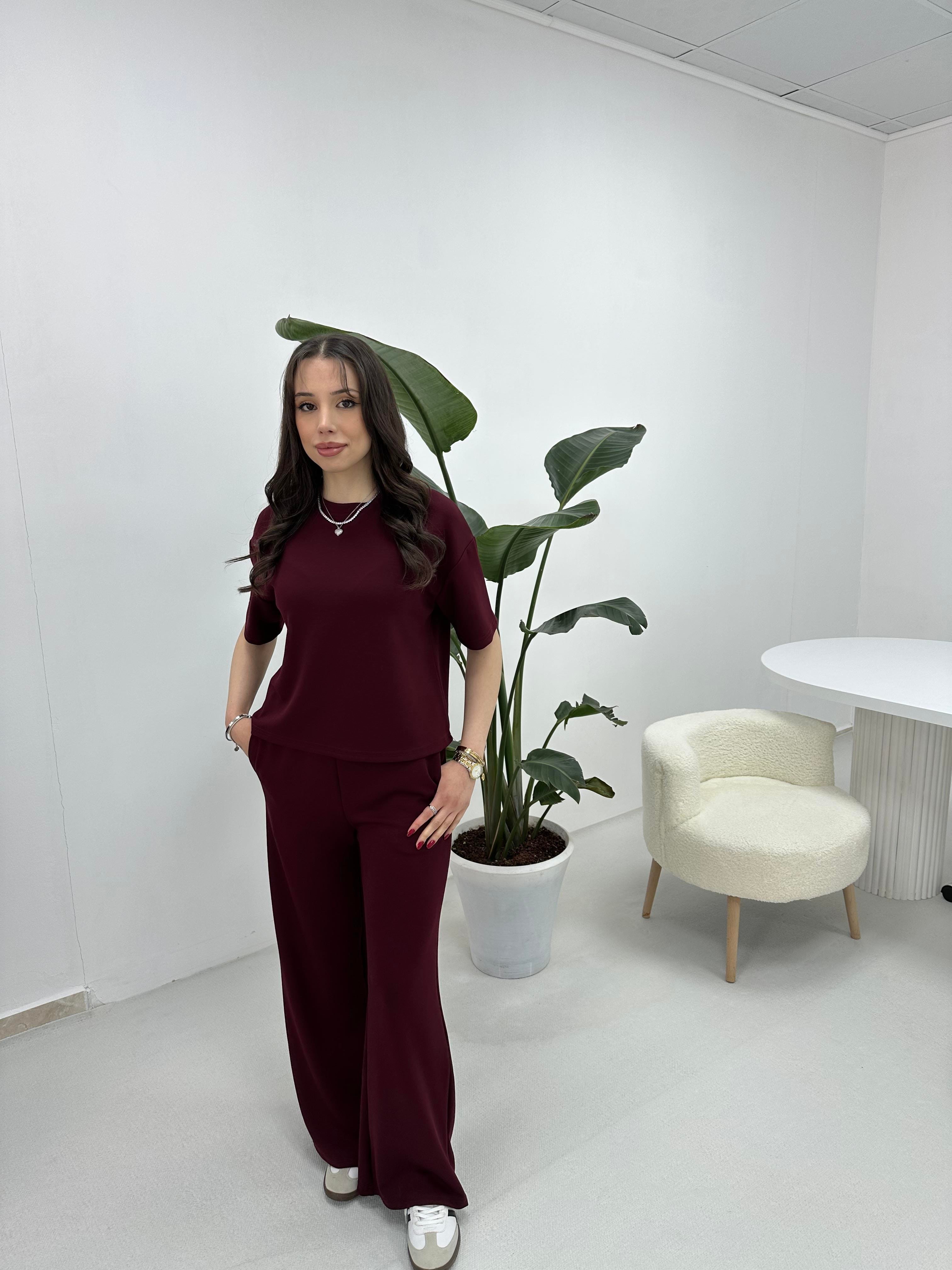 Bisiklet Yaka Kısa Kol Eşofman Takımı Bordo