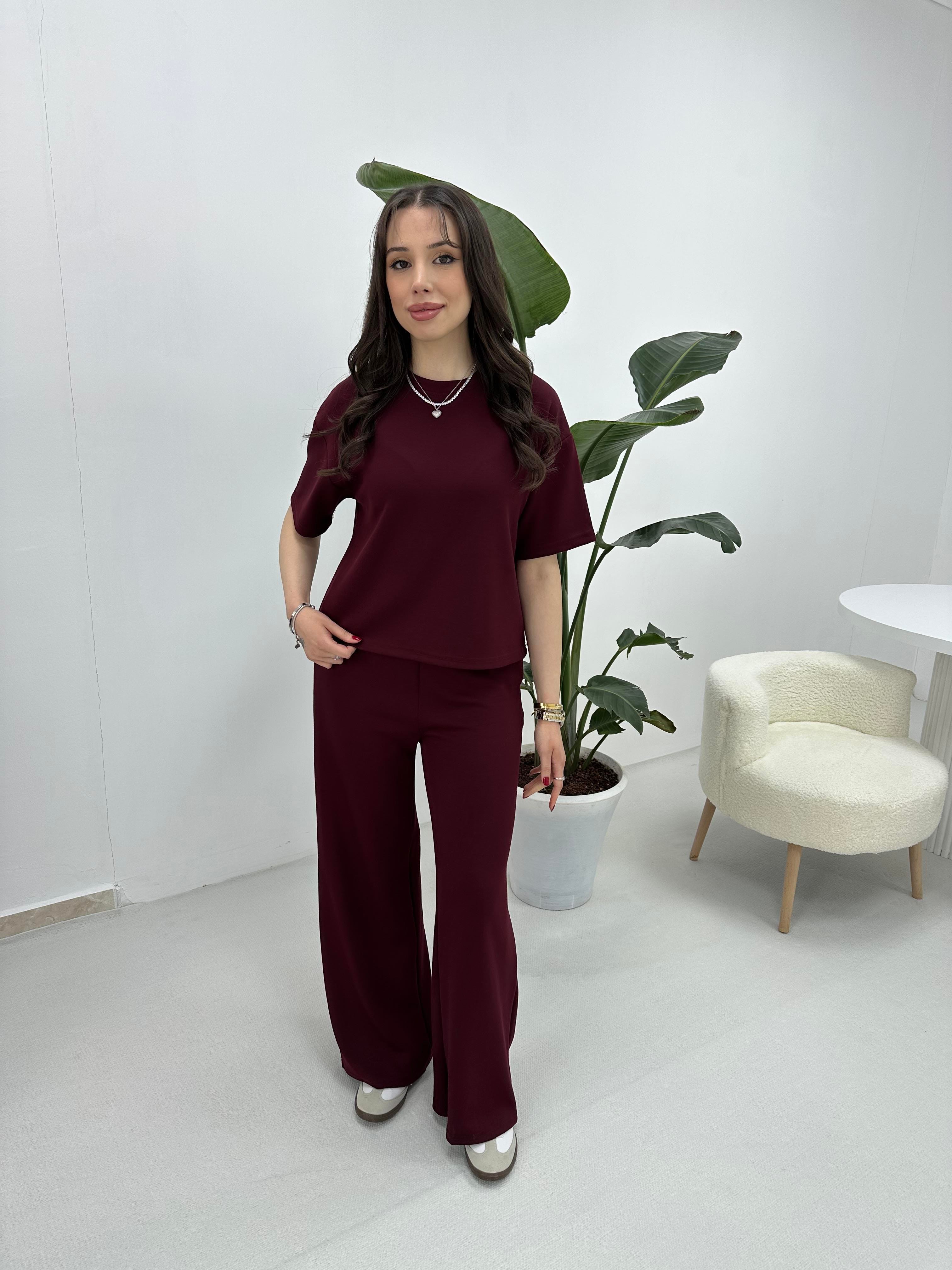 Bisiklet Yaka Kısa Kol Eşofman Takımı Bordo