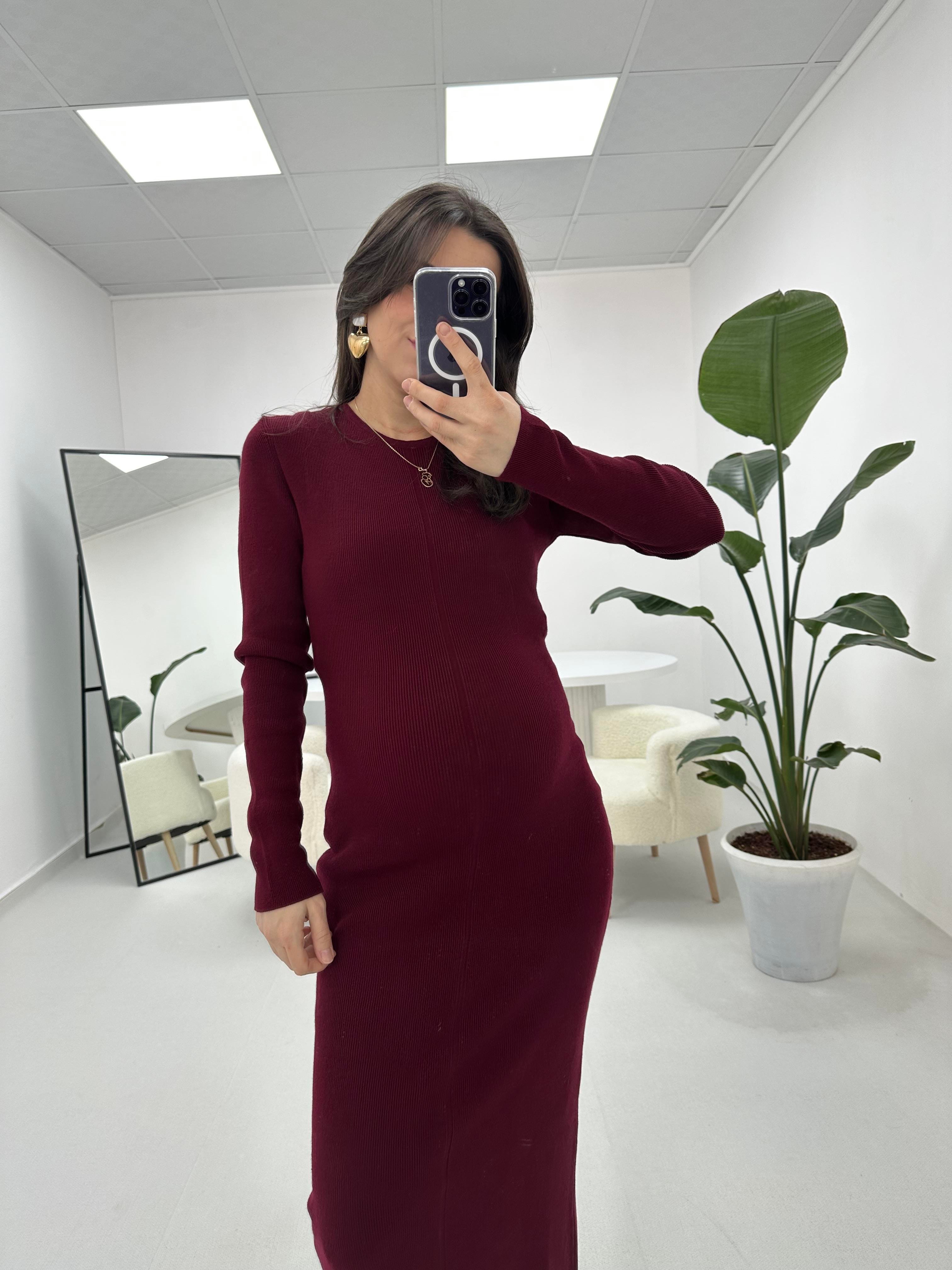 Bisiklet Yaka Triko Bordo Uzun Elbise
