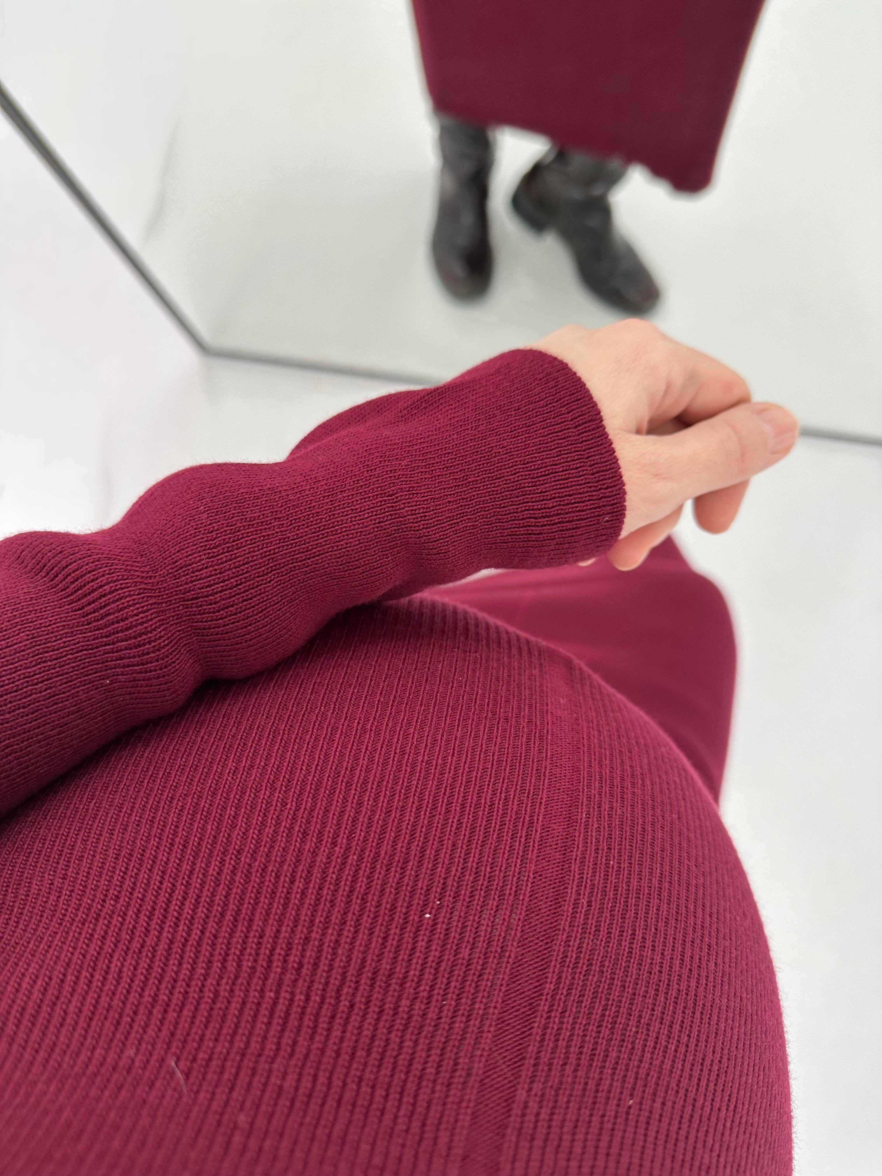 Bisiklet Yaka Triko Bordo Uzun Elbise