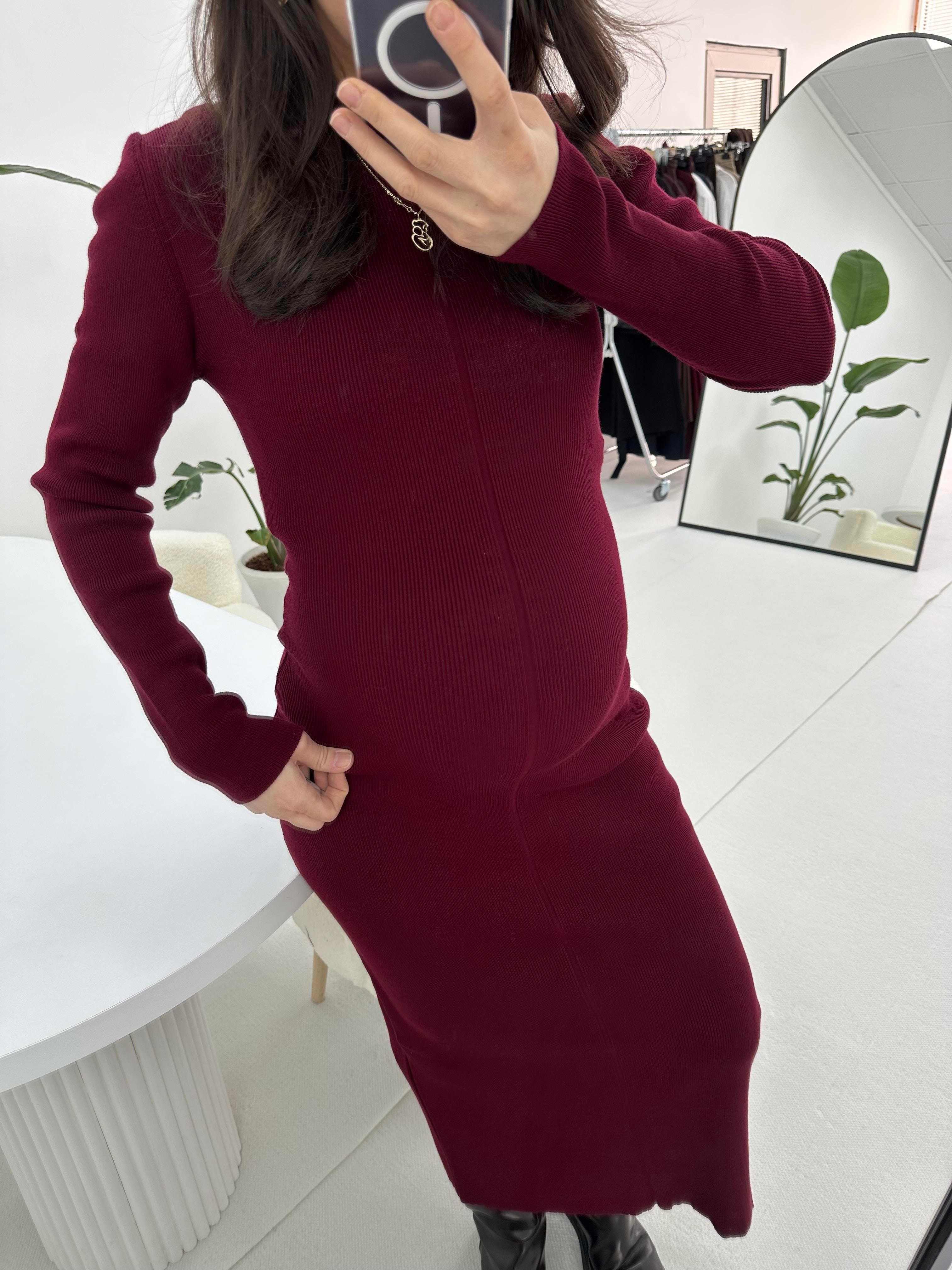 Bisiklet Yaka Triko Bordo Uzun Elbise