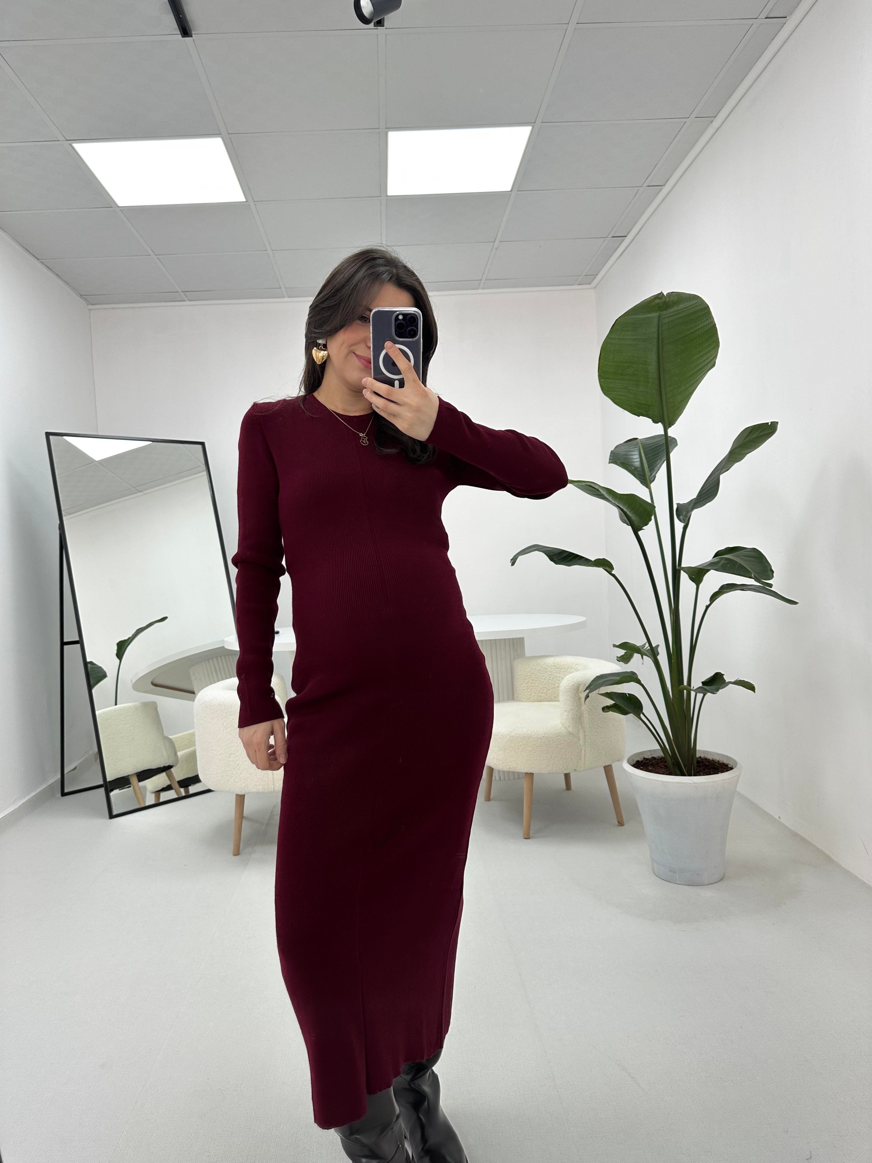 Bisiklet Yaka Triko Bordo Uzun Elbise