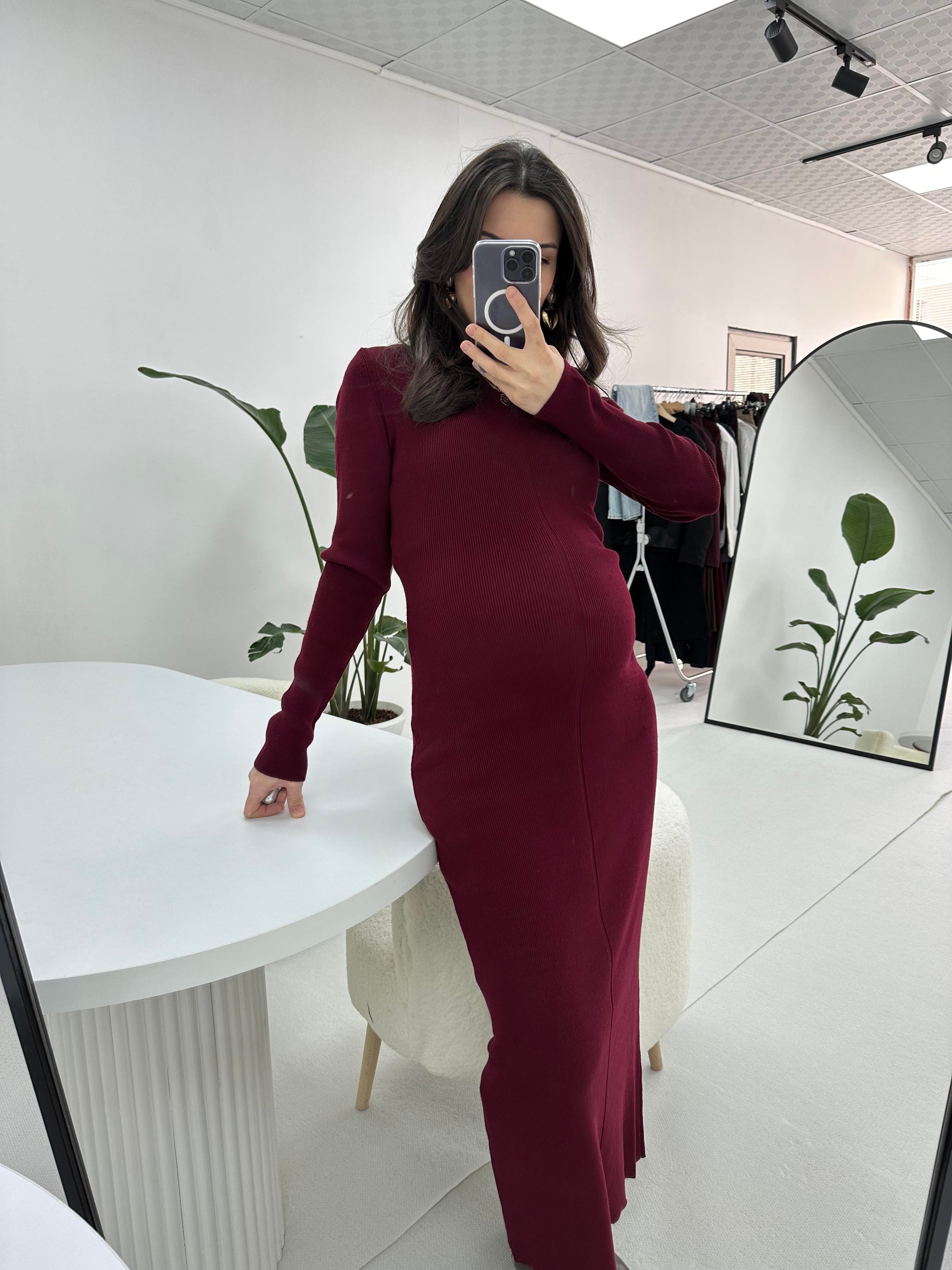 Bisiklet Yaka Triko Bordo Uzun Elbise