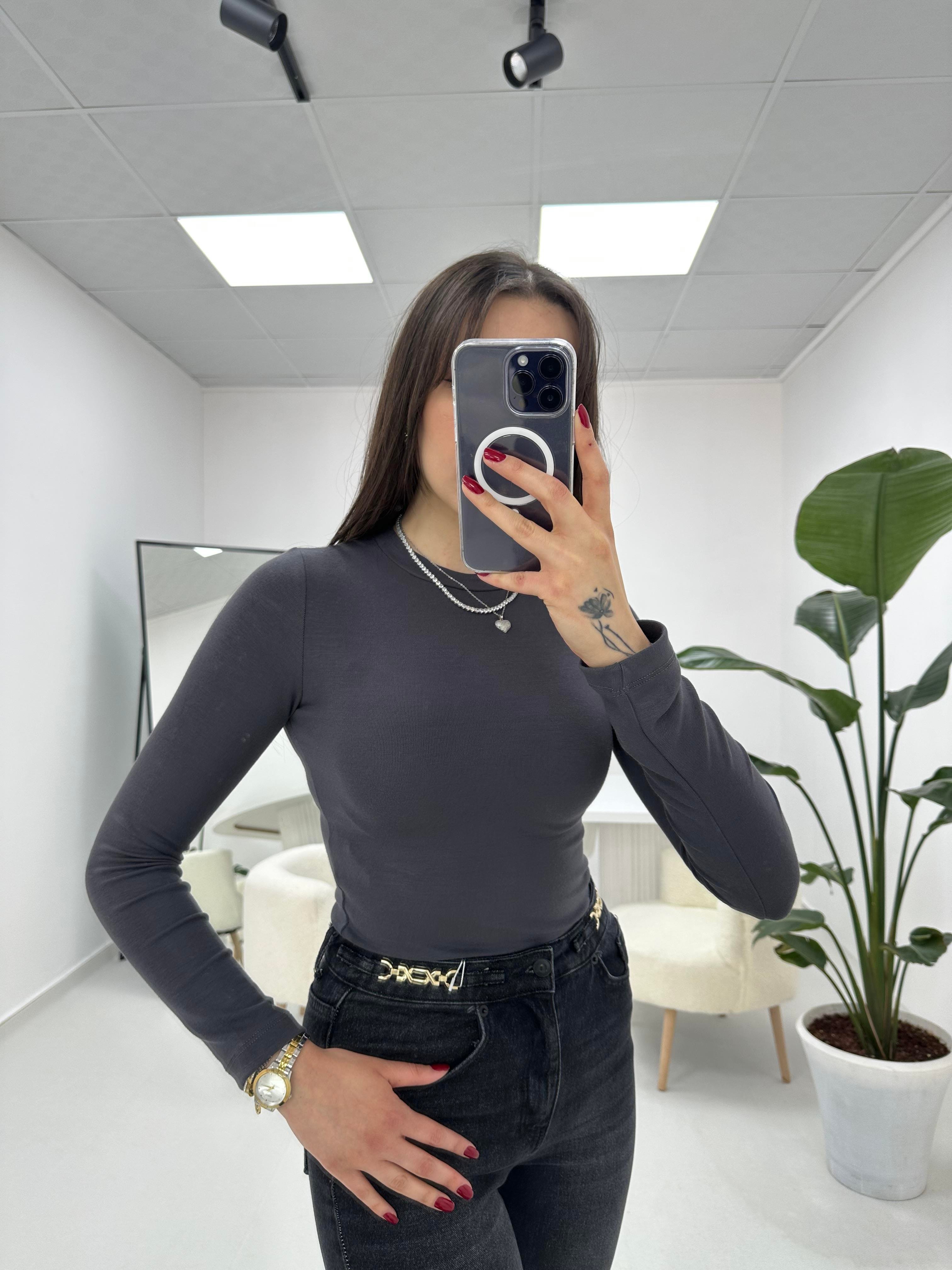 Bisiklet Yaka Uzun Kol Antrasit Bluz