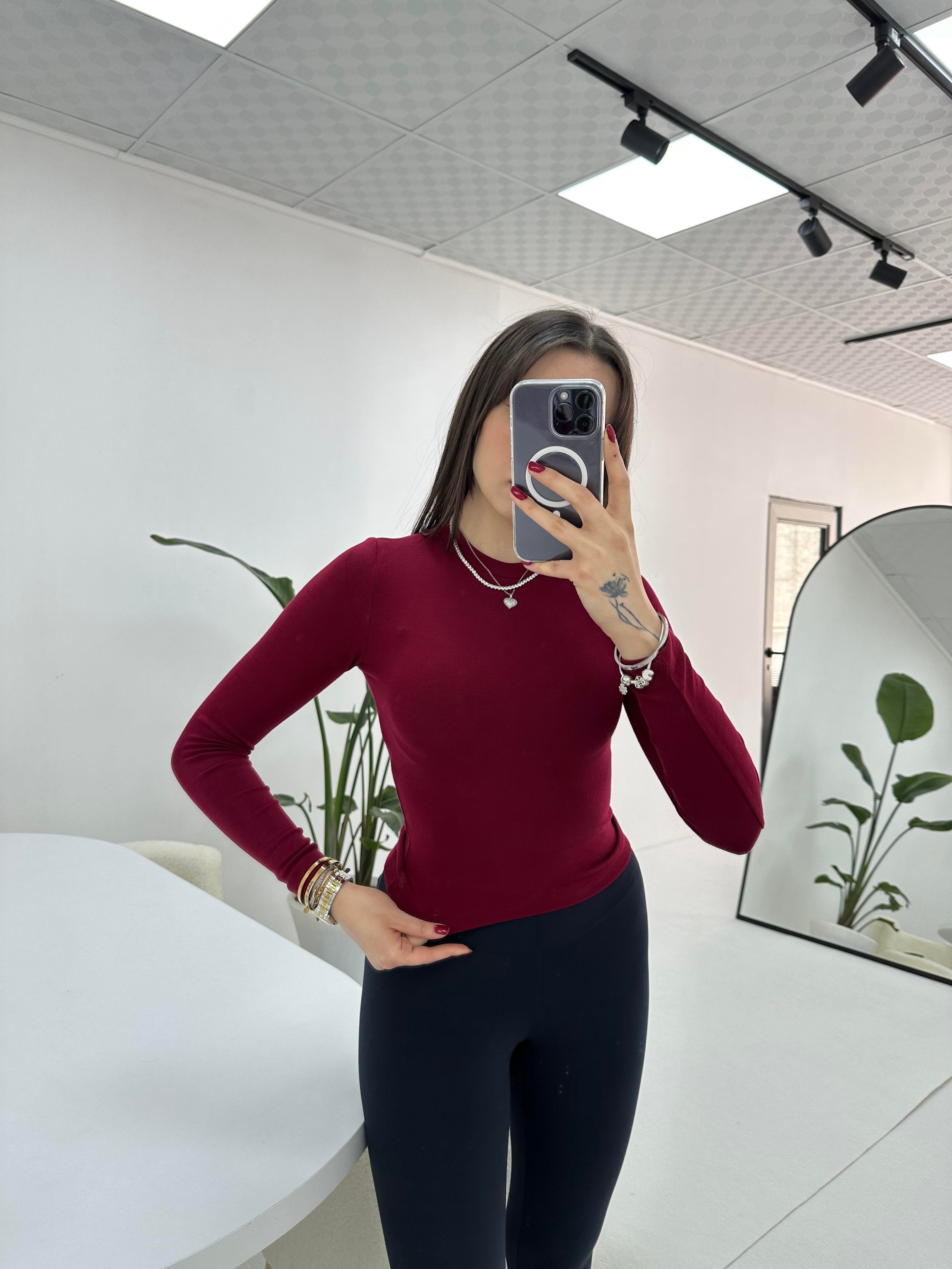 Bisiklet Yaka Uzun Kol Bordo Bluz