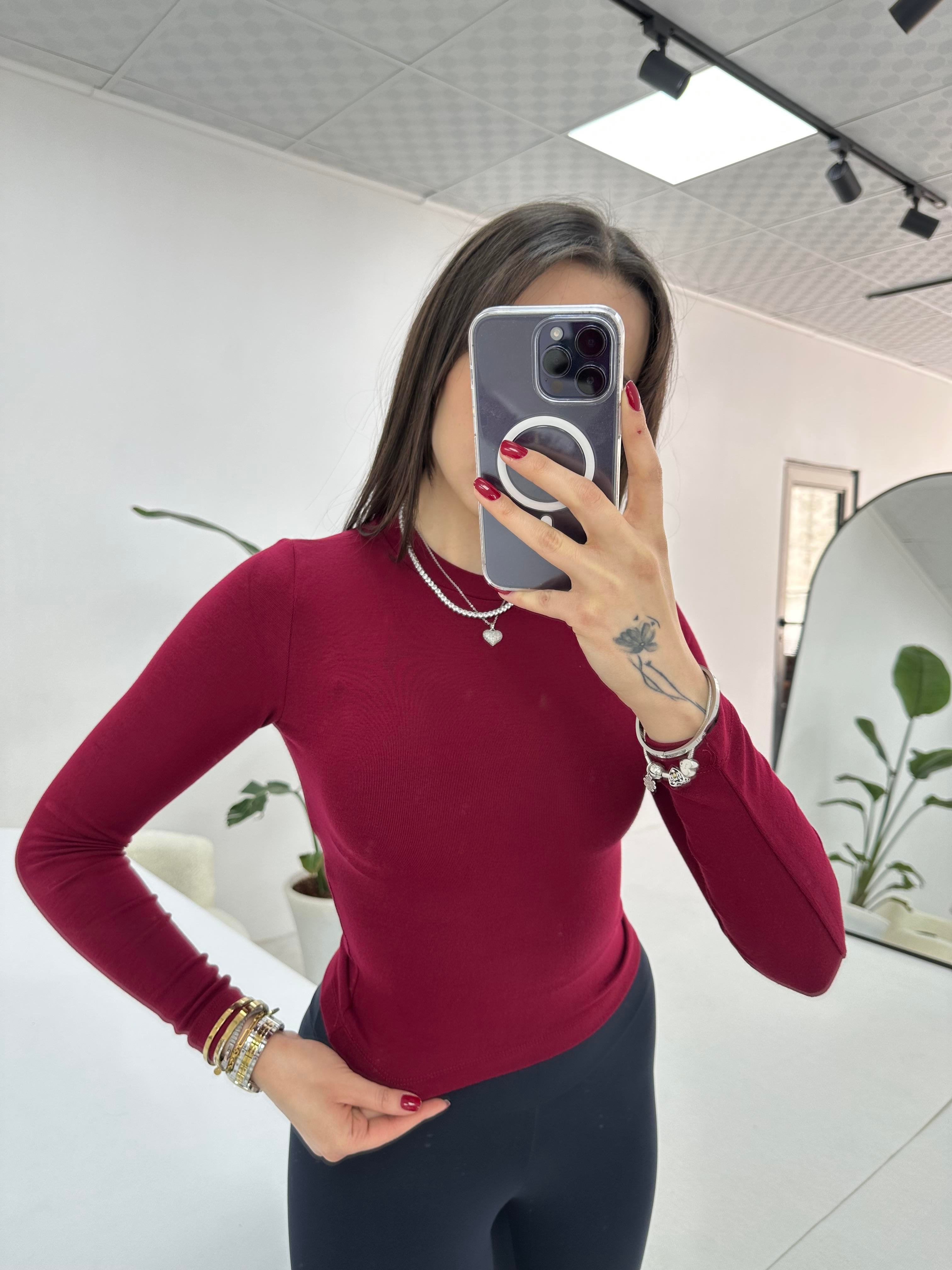 Bisiklet Yaka Uzun Kol Bordo Bluz