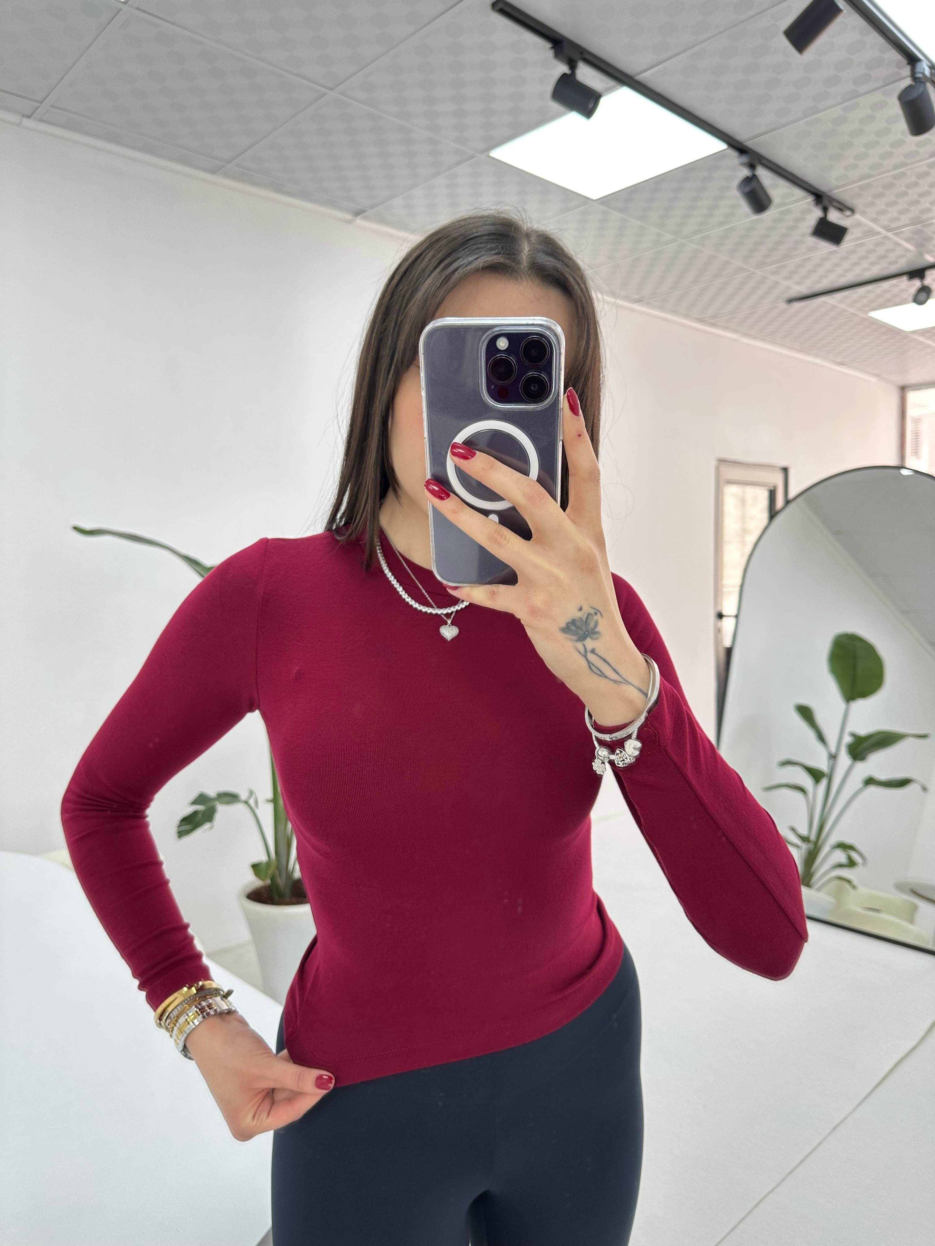 Bisiklet Yaka Uzun Kol Bordo Bluz