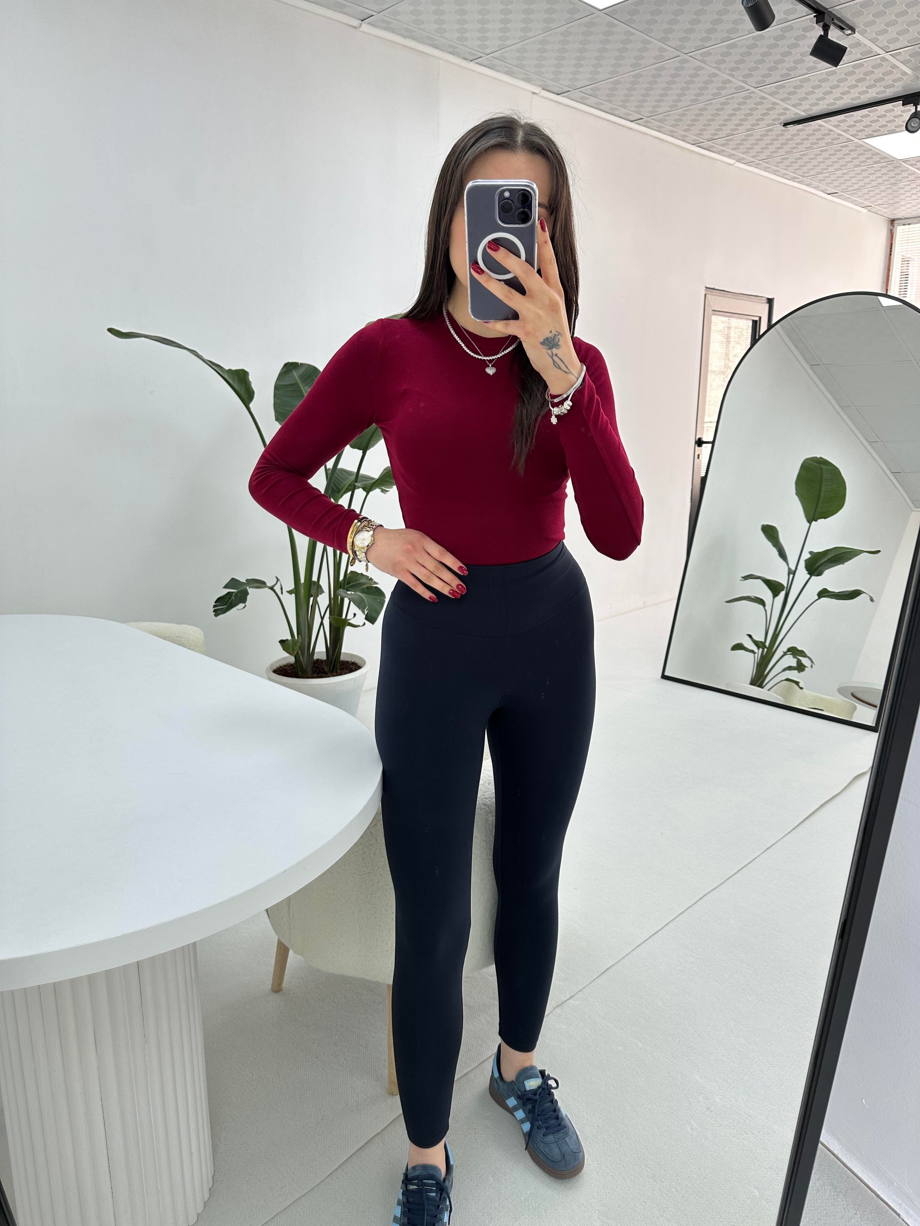 Bisiklet Yaka Uzun Kol Bordo Bluz