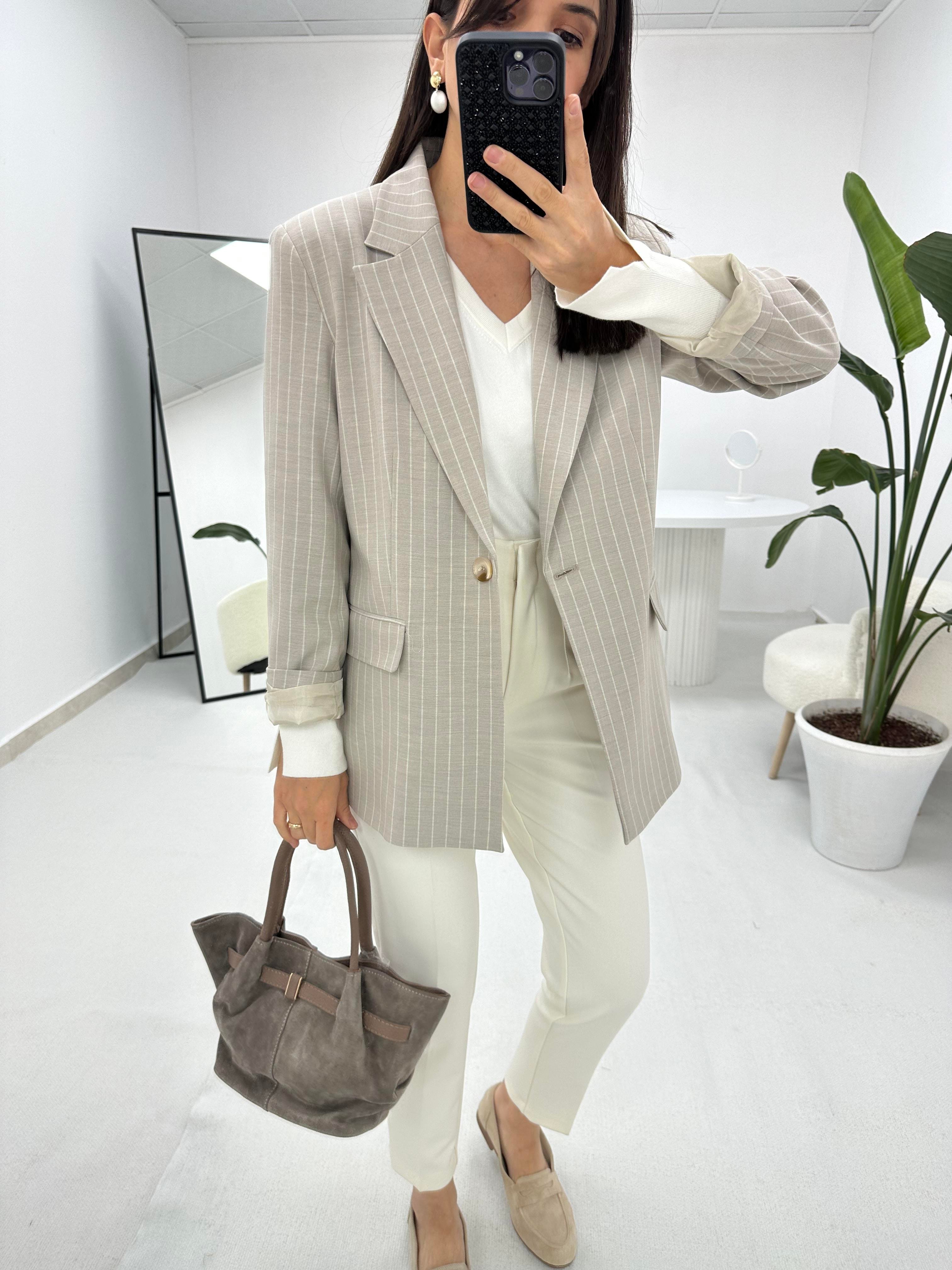 Blazer Ceket Gri  Beyaz Çizgili 