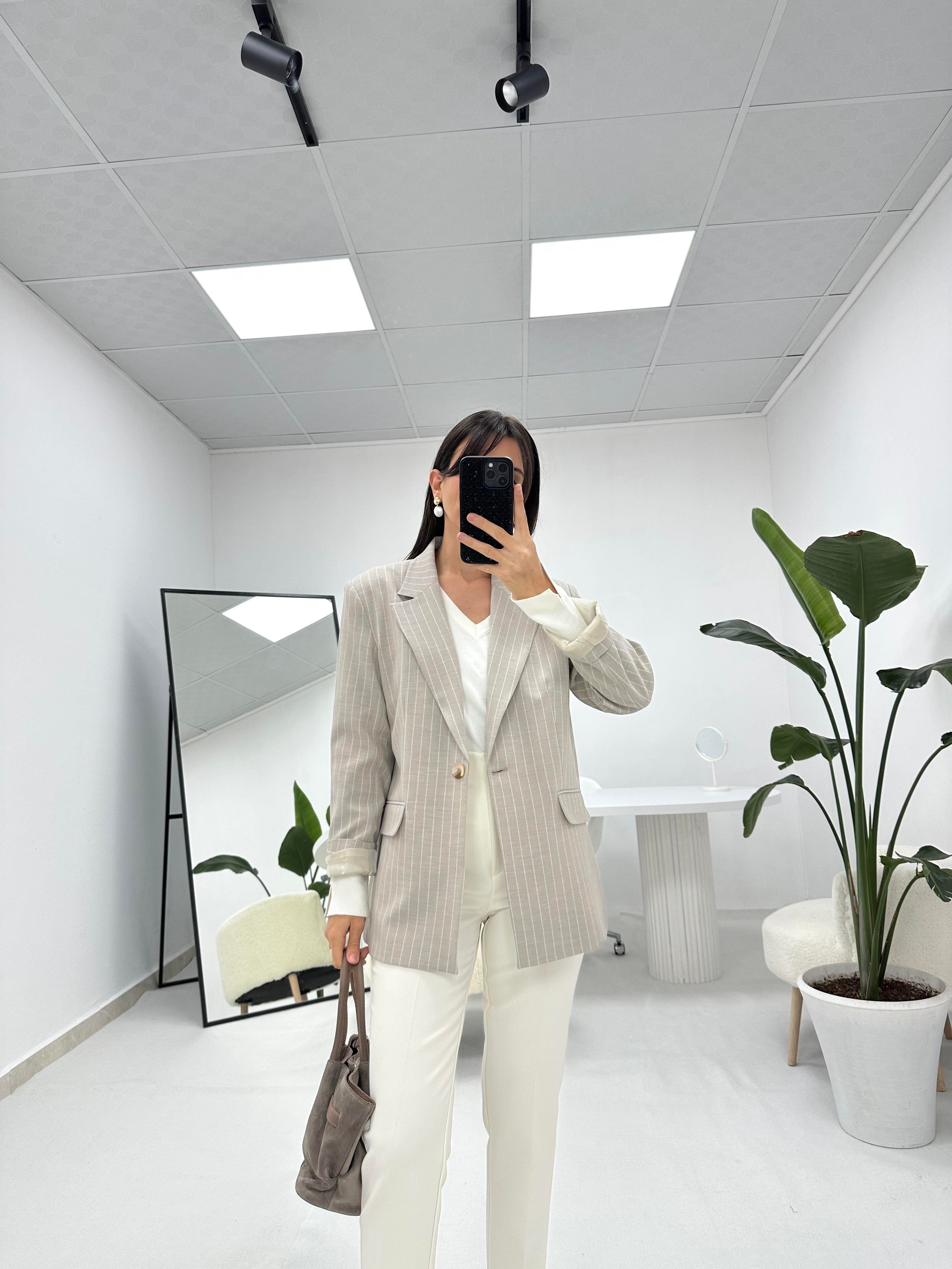 Blazer Ceket Gri  Beyaz Çizgili 