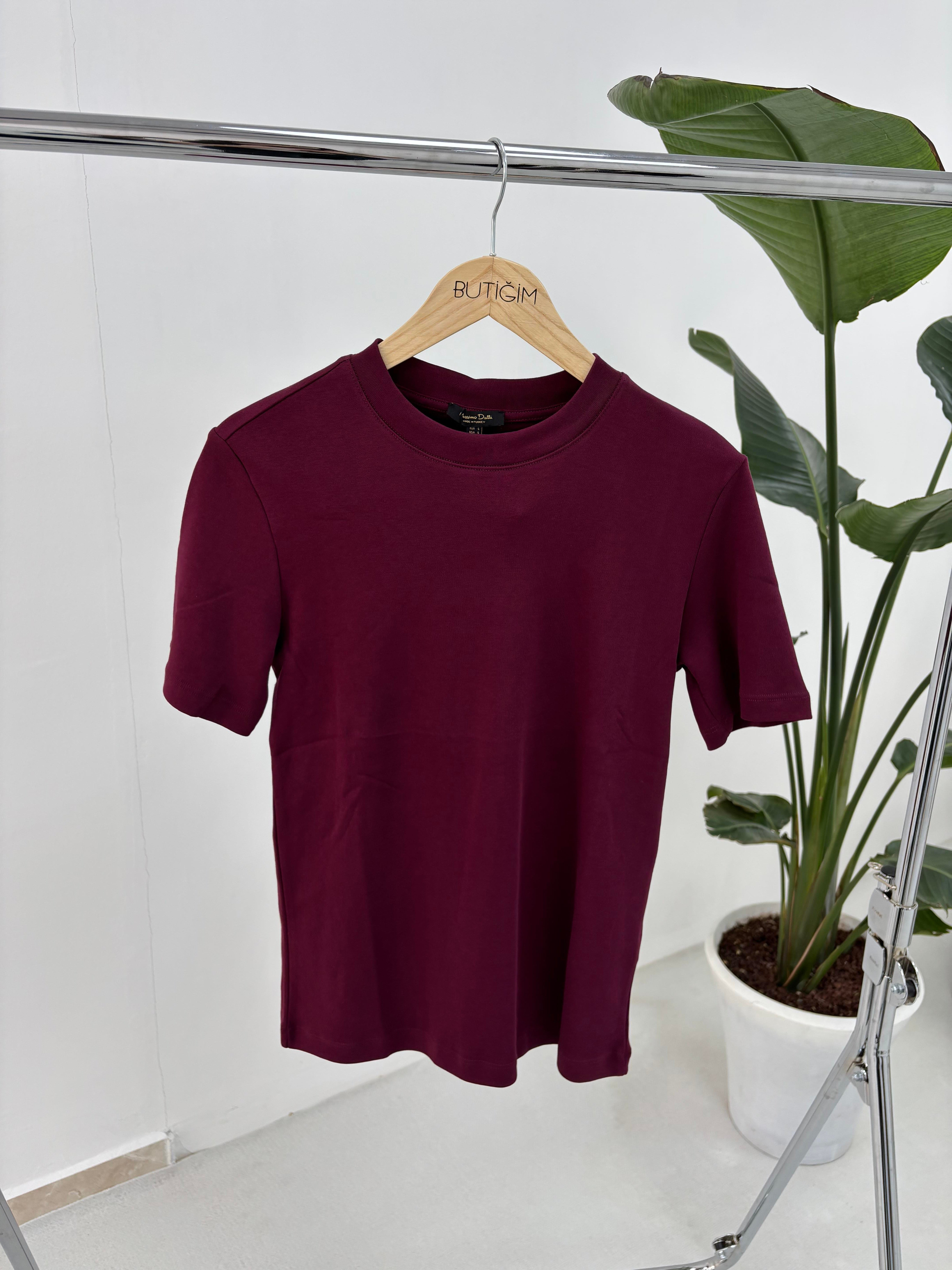Bordo Kısa Kollu Biyeli T Shirt 