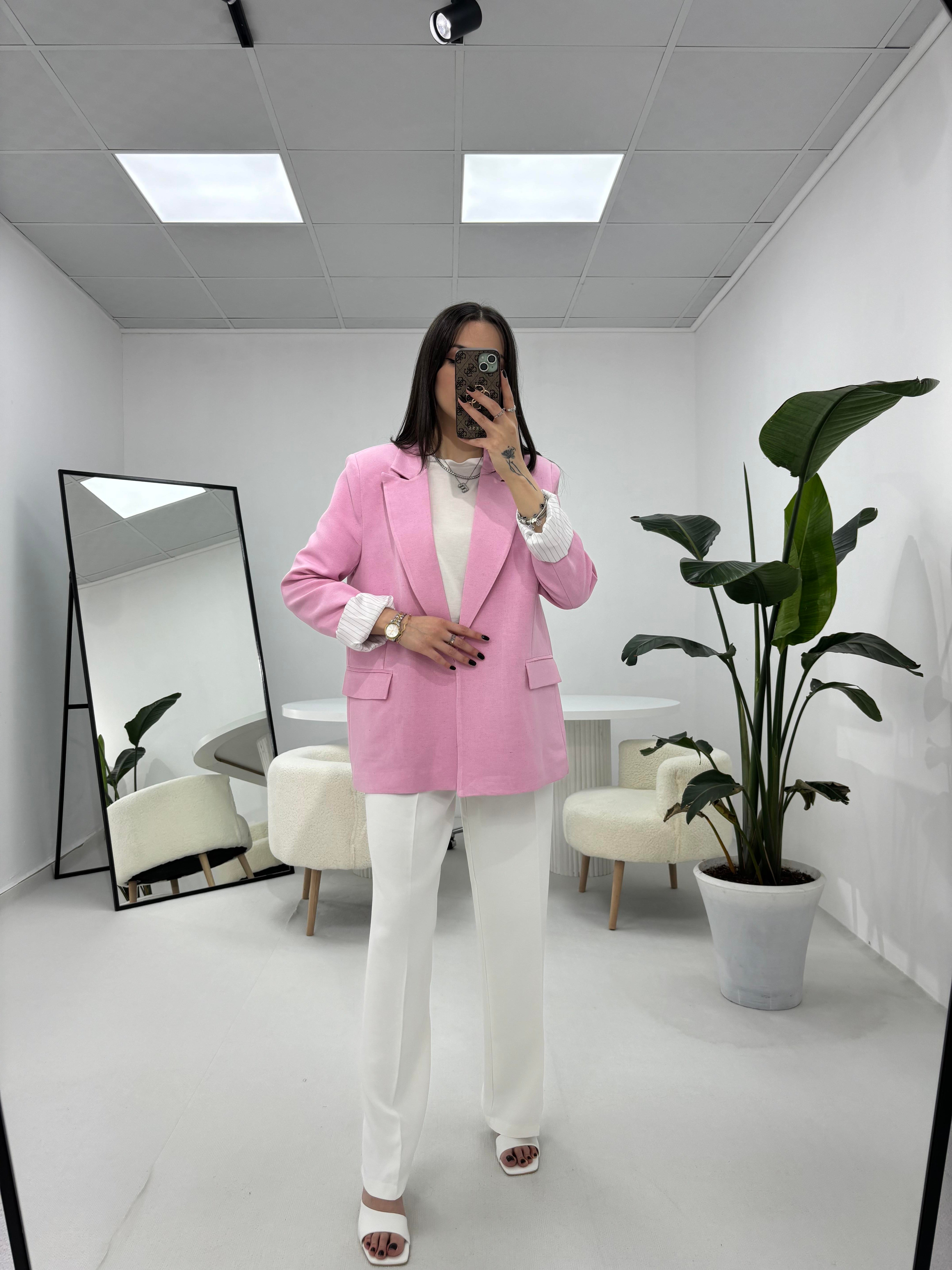 Çizgili Astarlı Pembe Ceket