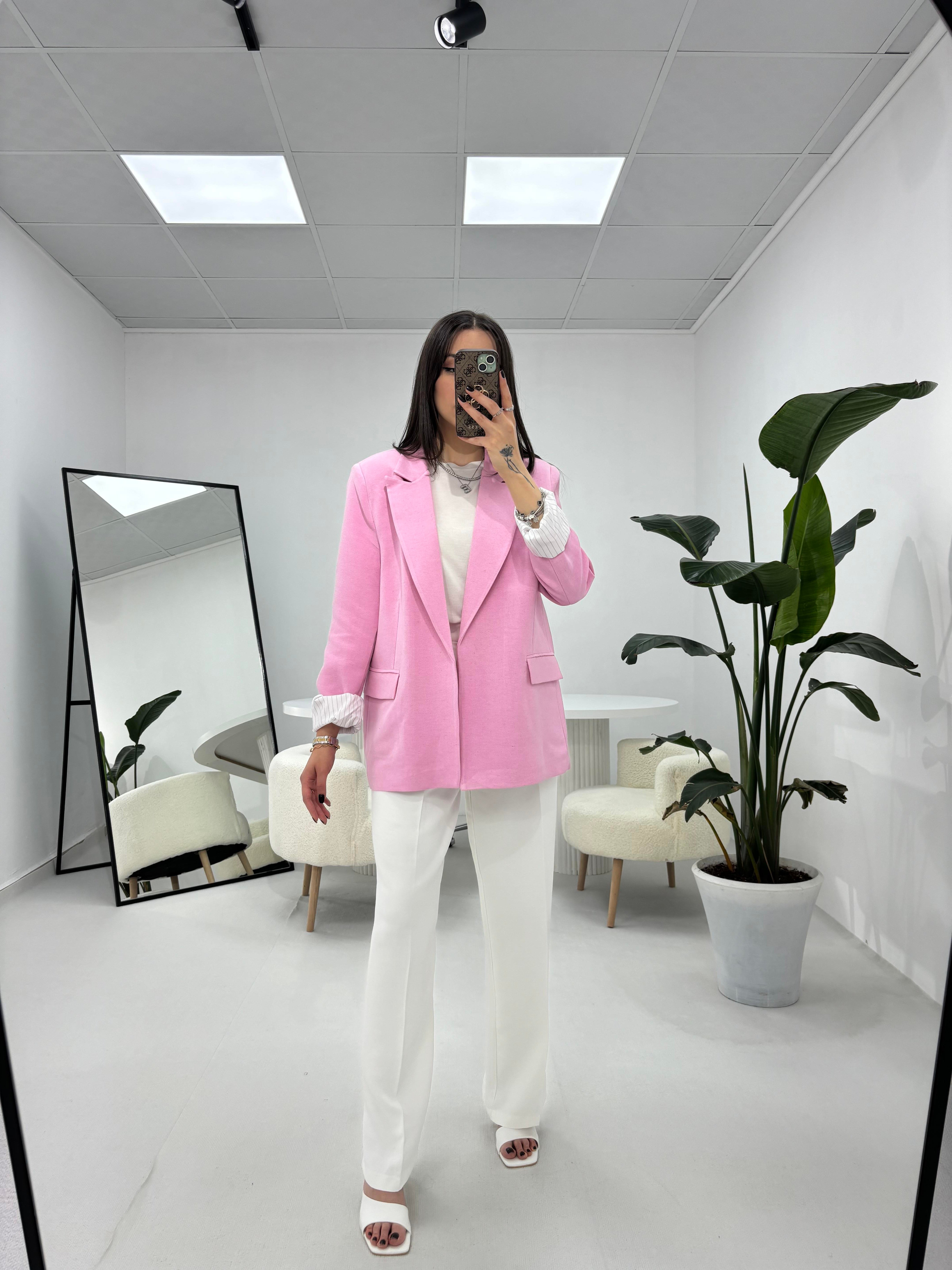 Çizgili Astarlı Pembe Ceket